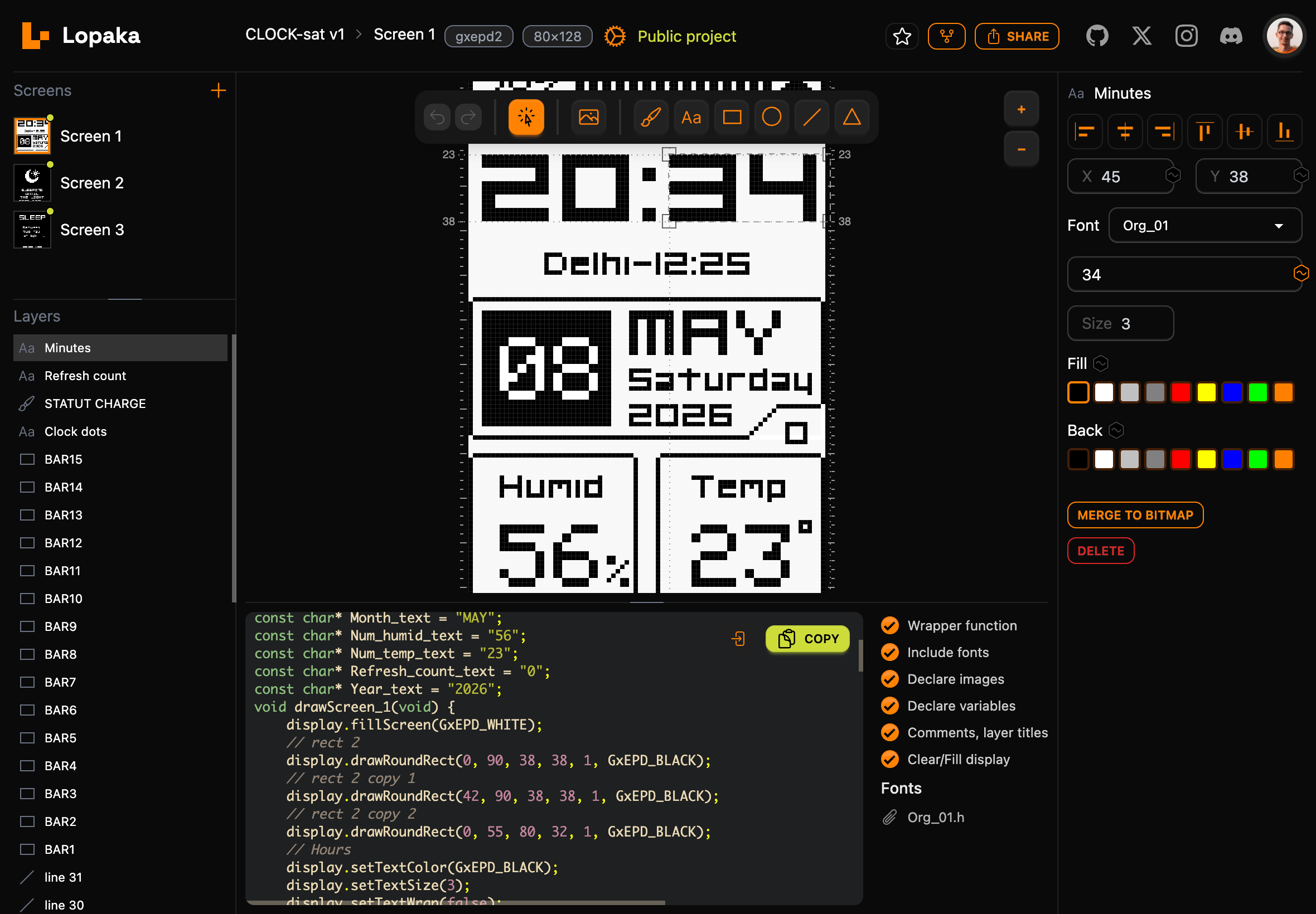Screen 1 of CLOCK-SAT designed in the Lopaka editor