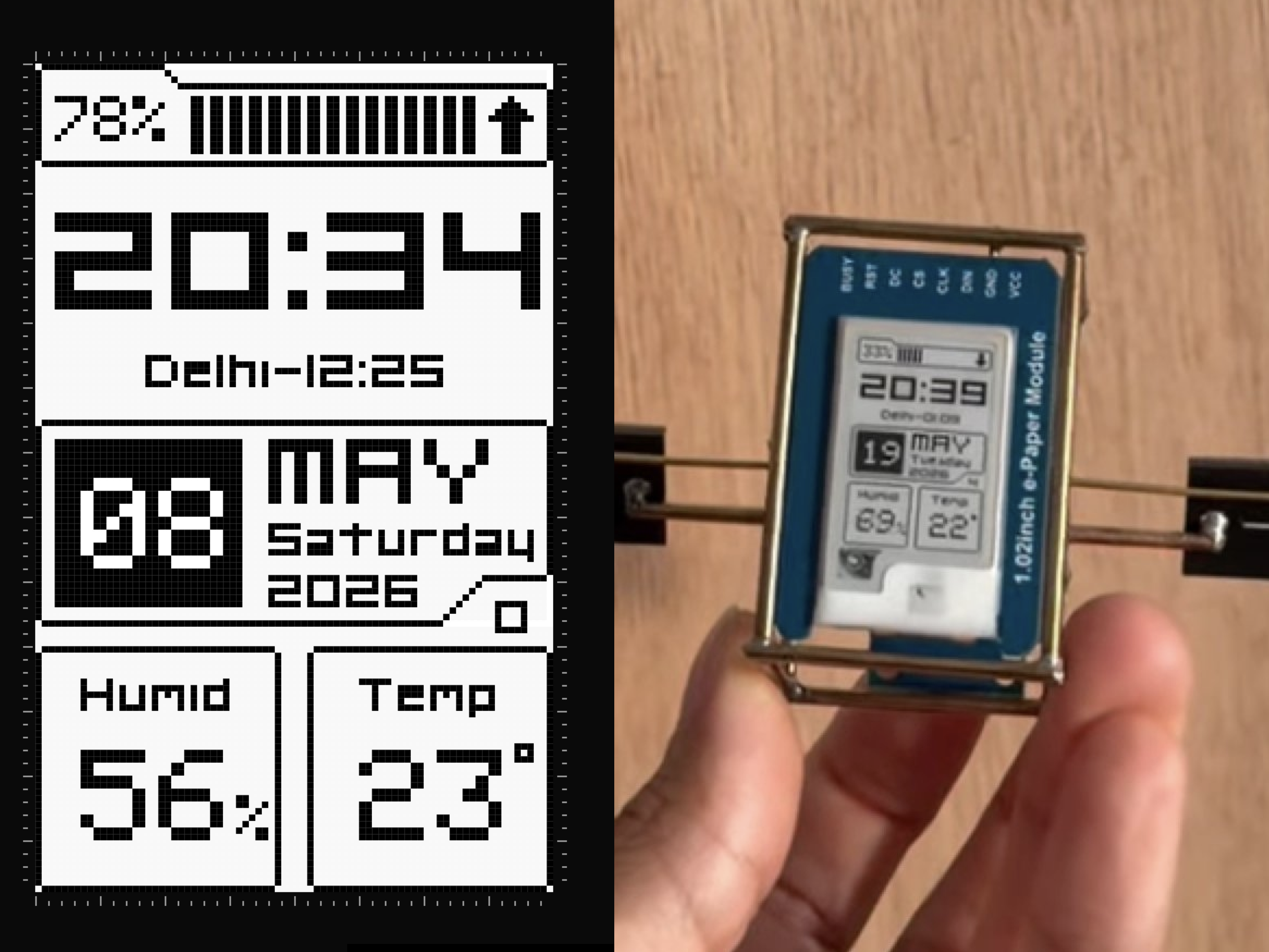 Lopaka canvas (left) next to the real e-paper module (right), same layout
