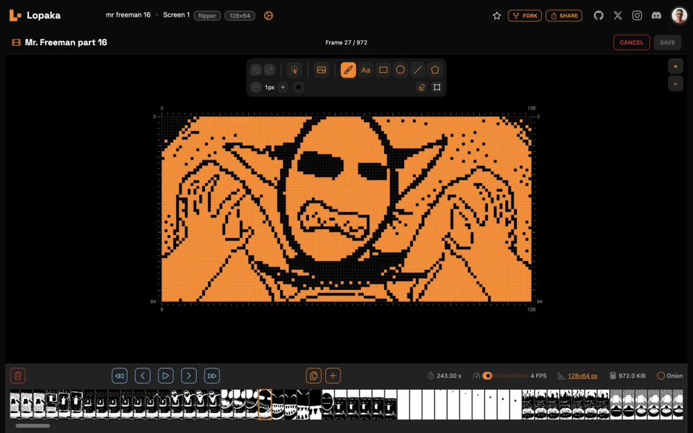 The Lopaka frame animation editor with a 972-frame Flipper Zero animation