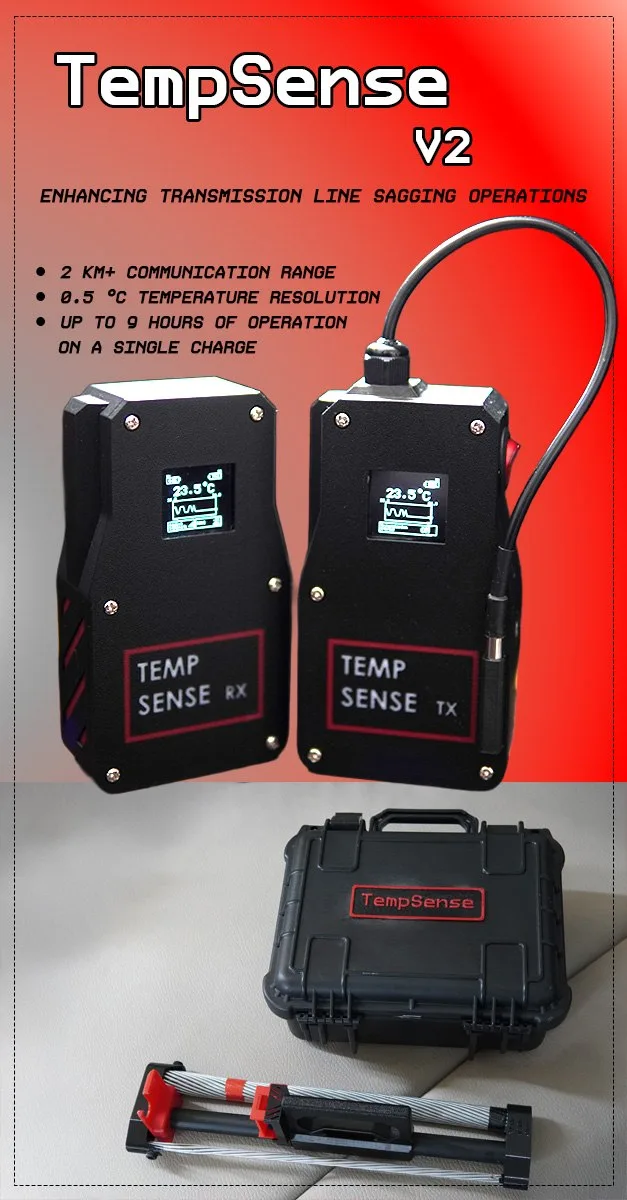 TempSense V2 transmitter, receiver, carrying case, and conductor clamp