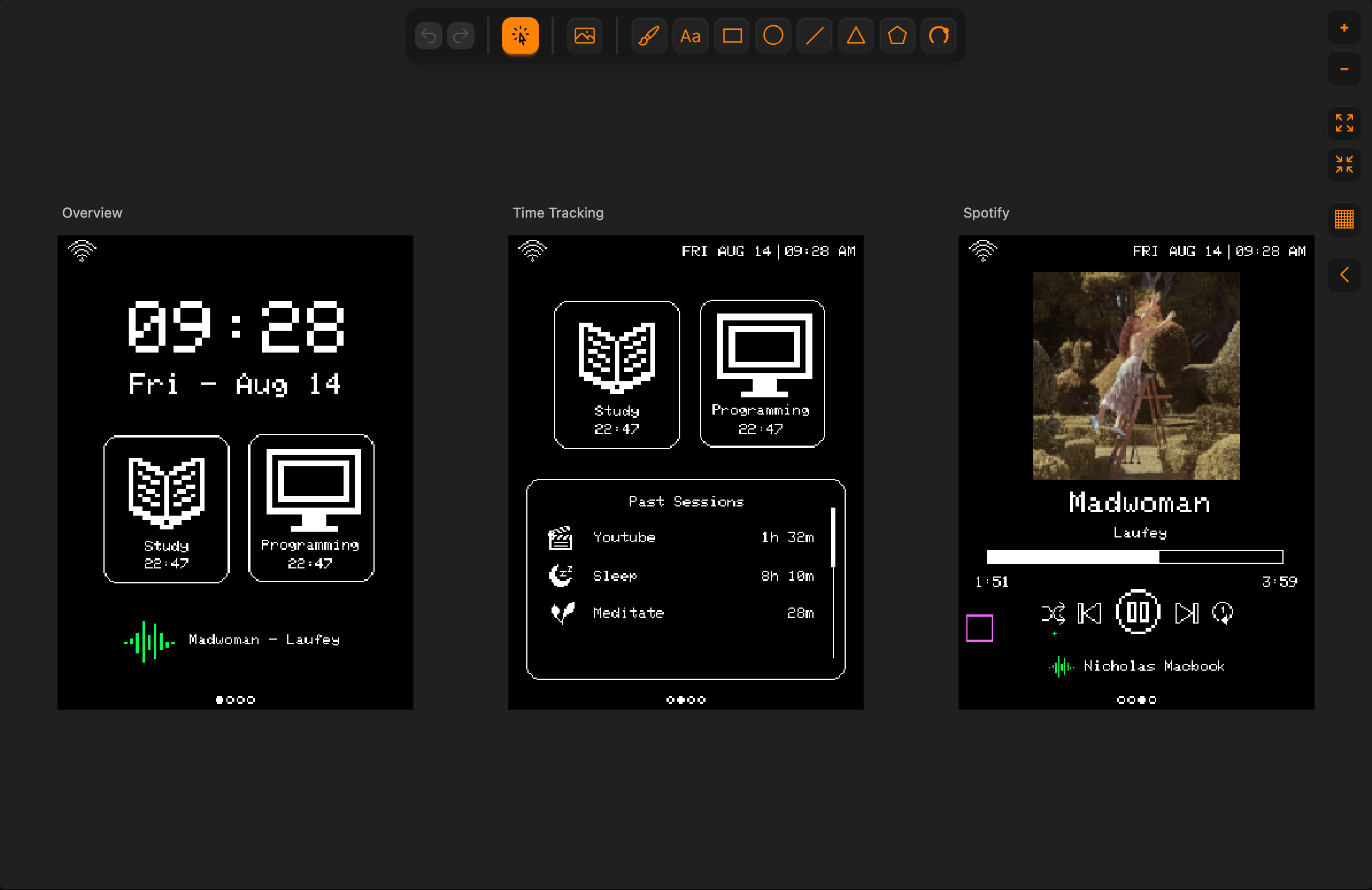 Overview, time tracking, and music player screens together on the infinite canvas