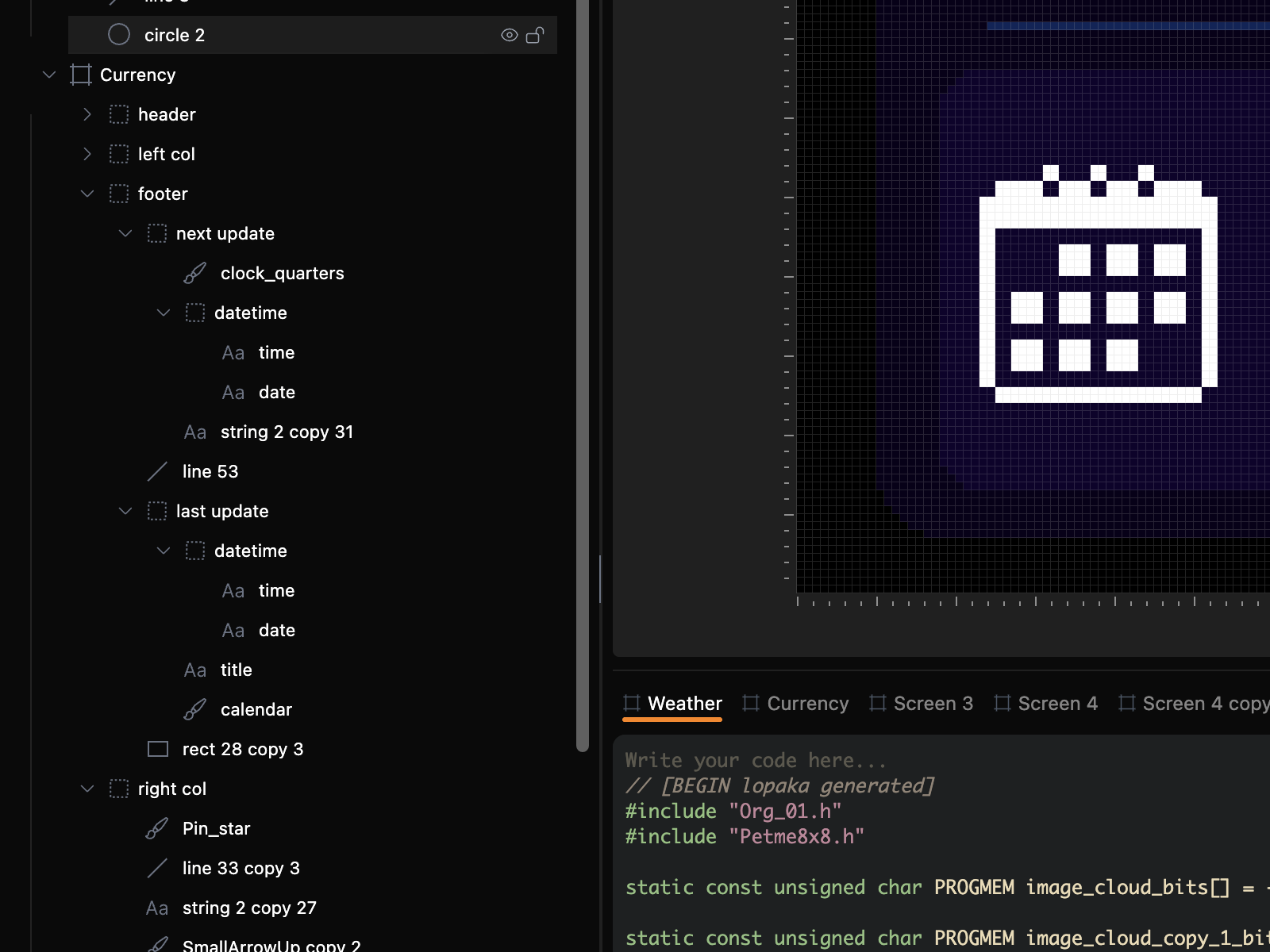 Nested groups in Lopaka's Layers panel, next to a pixel-art calendar on the canvas