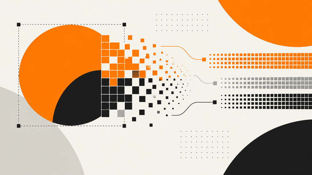 Abstract orange geometry resolving into pixels and packed rows of image data
