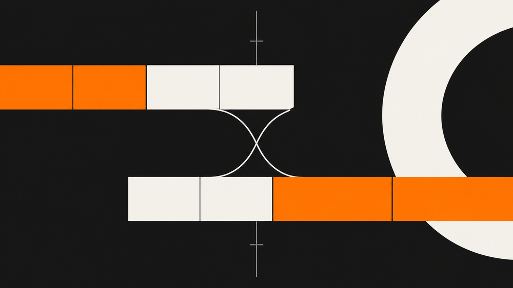 Orange and off-white blocks exchanging positions along crossing paths on a charcoal background