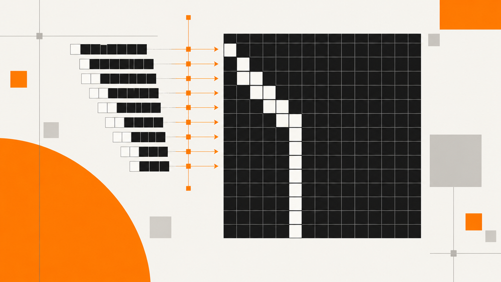 Staggered monochrome bitmap rows aligning into a pixel grid beside orange registration guides