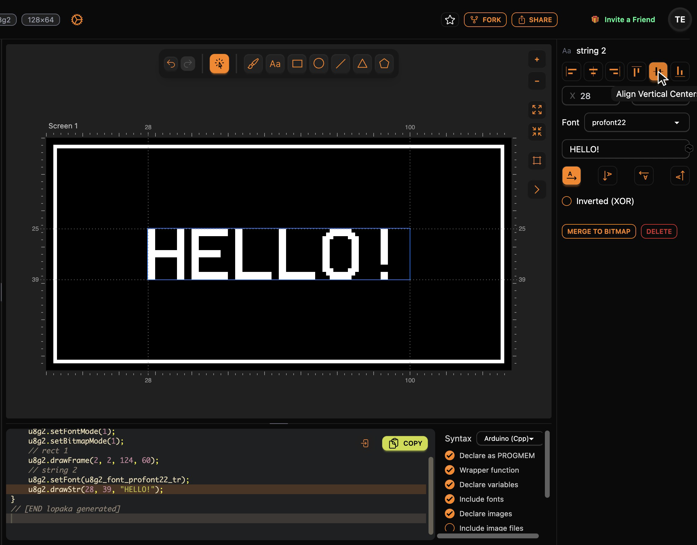 HELLO! centred on the screen with the align buttons; the code now reads drawStr(28, 39, "HELLO!")