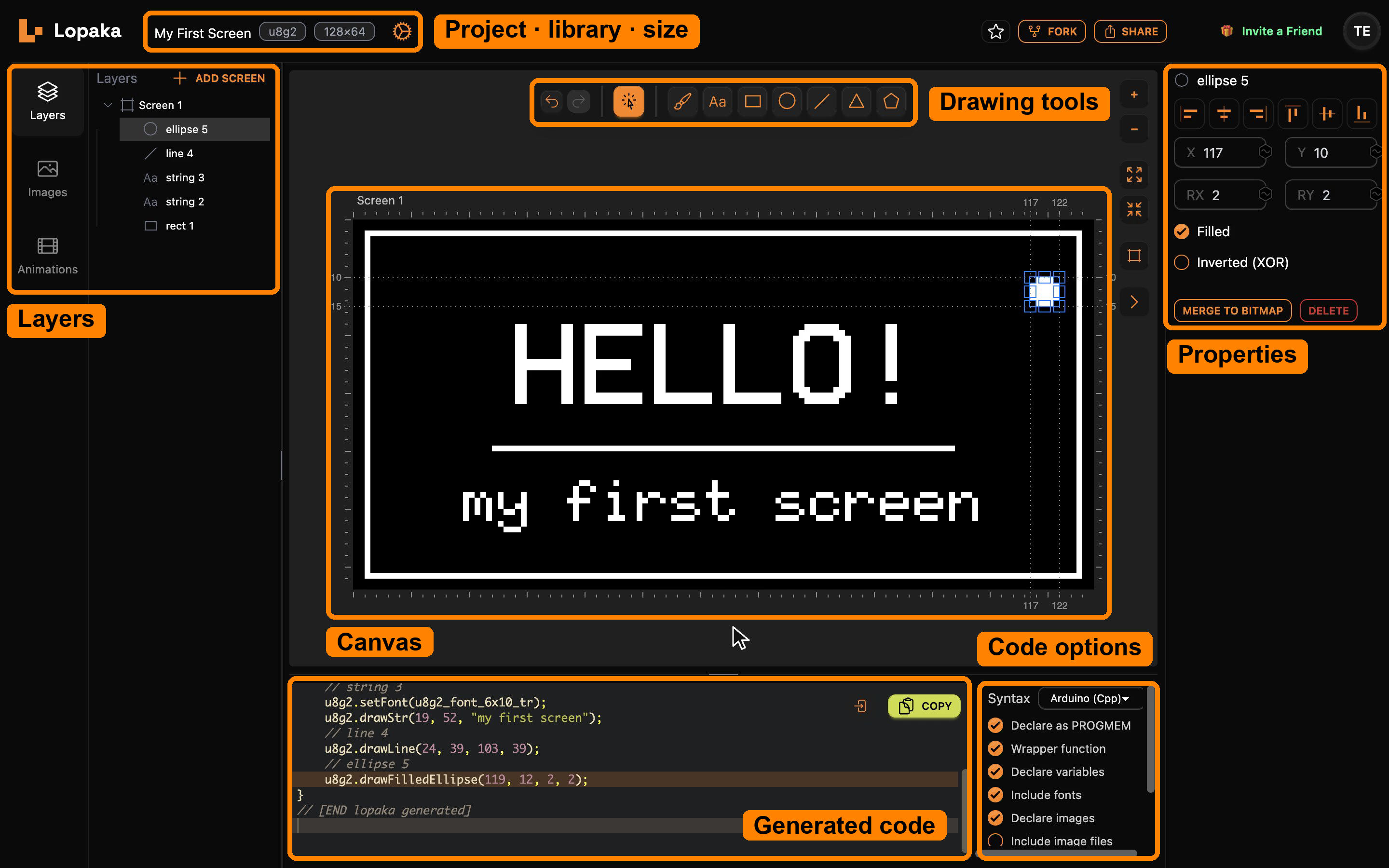 The Lopaka editor with its parts outlined in orange: project, library and size at the top, drawing tools, layers, canvas, properties, generated code and code options