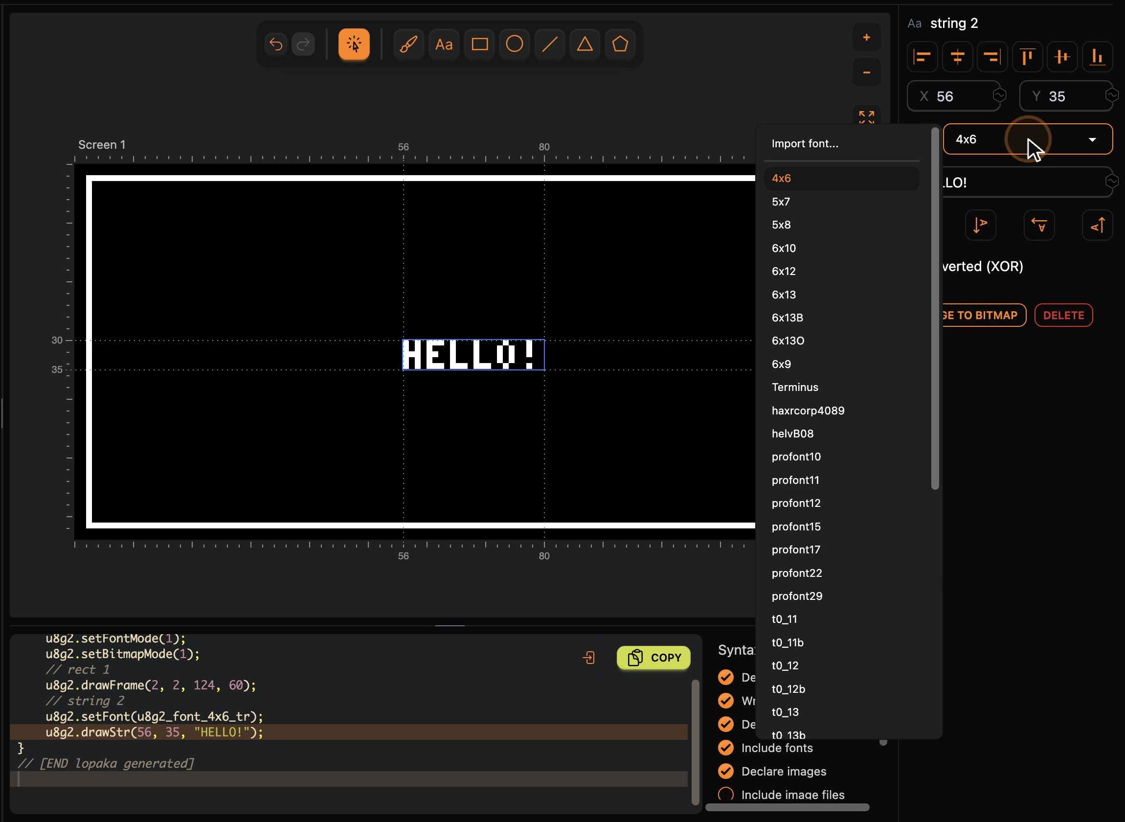 The font list open in the inspector, from 4x6 to profont29, with Import font at the top