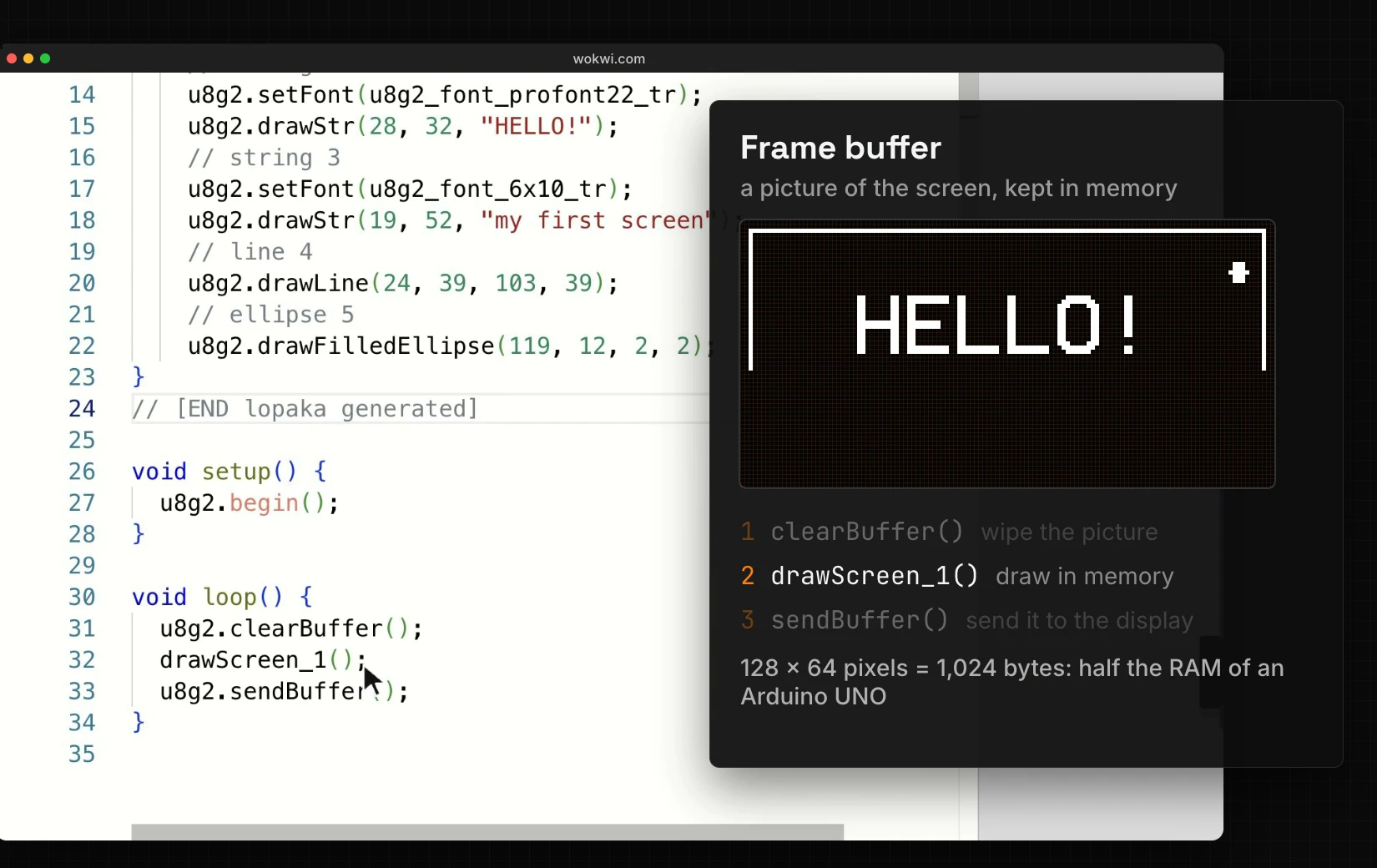 The sketch with the frame buffer explained: clearBuffer wipes the picture, drawScreen_1 draws in memory, sendBuffer sends it to the display; 1,024 bytes is half the RAM of an Arduino UNO