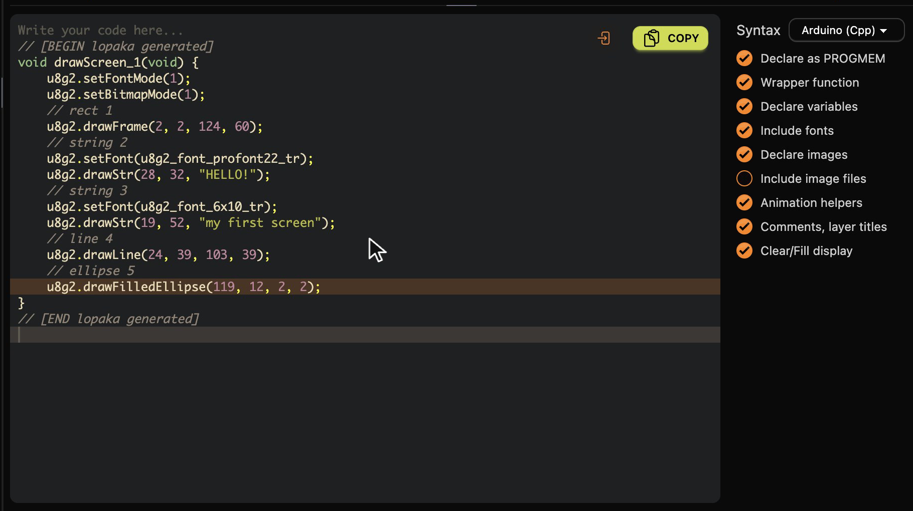 The generated code panel with the Copy button, and switches for PROGMEM, the wrapper function, variables, fonts, images, animation helpers, comments and clearing the display