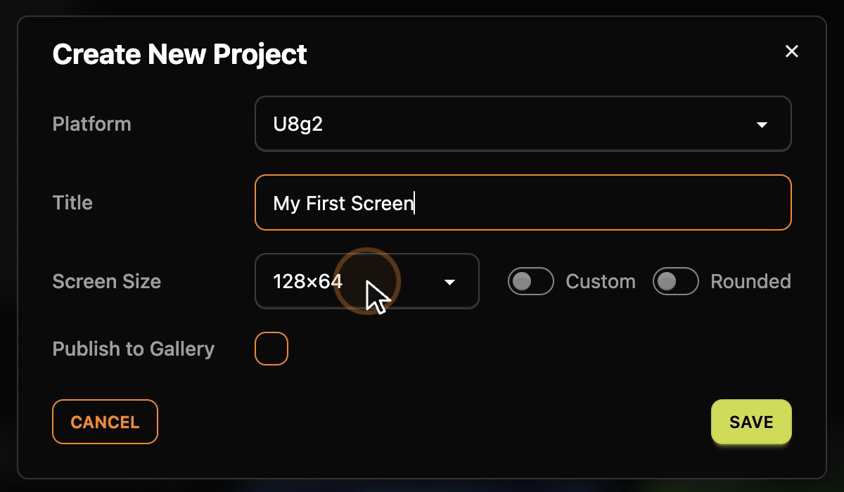 The Create New Project dialog with Platform set to U8g2, the title My First Screen and the screen size 128×64