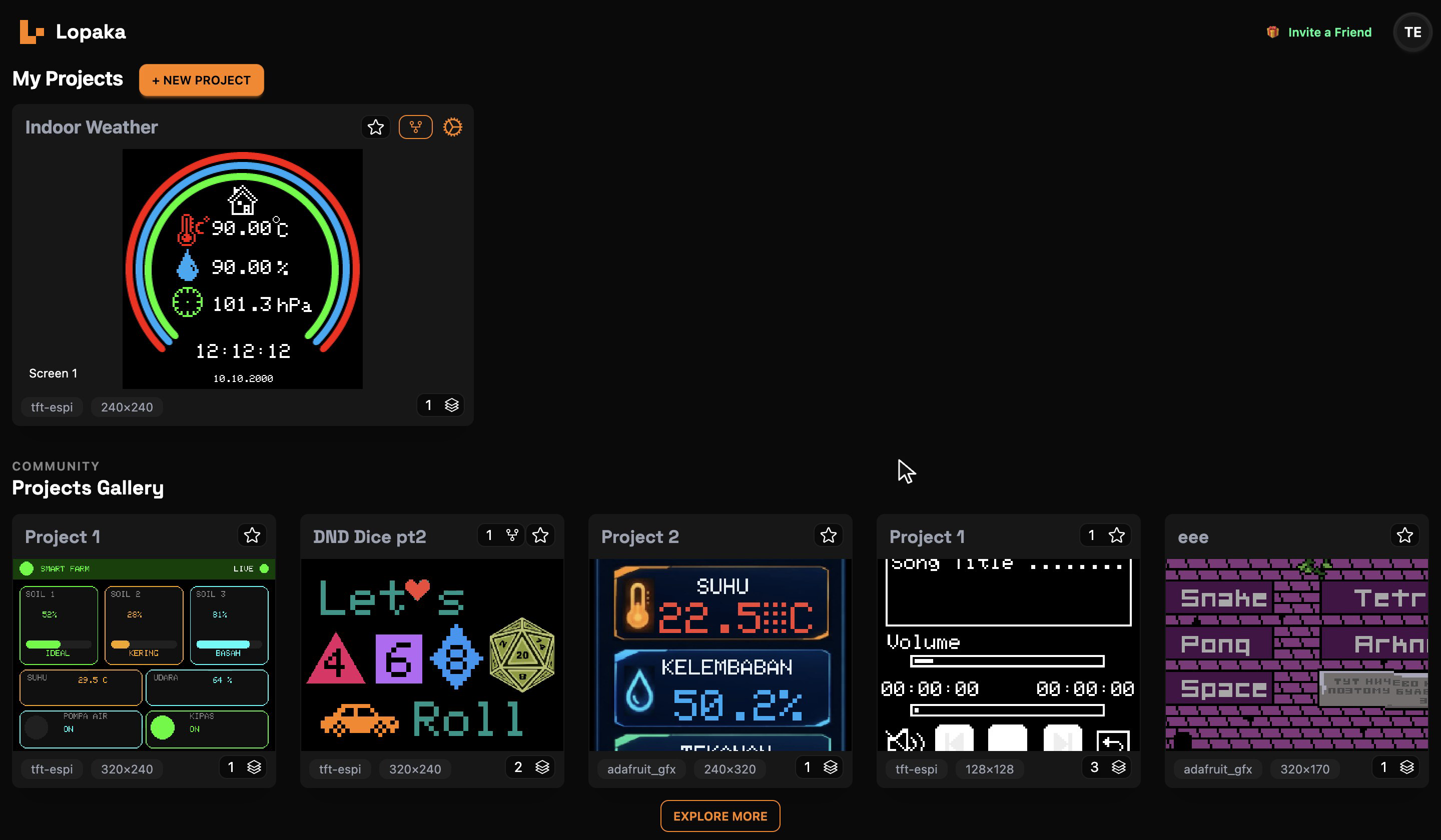 The Lopaka start page: My Projects with the New Project button at the top, and the community Projects Gallery below