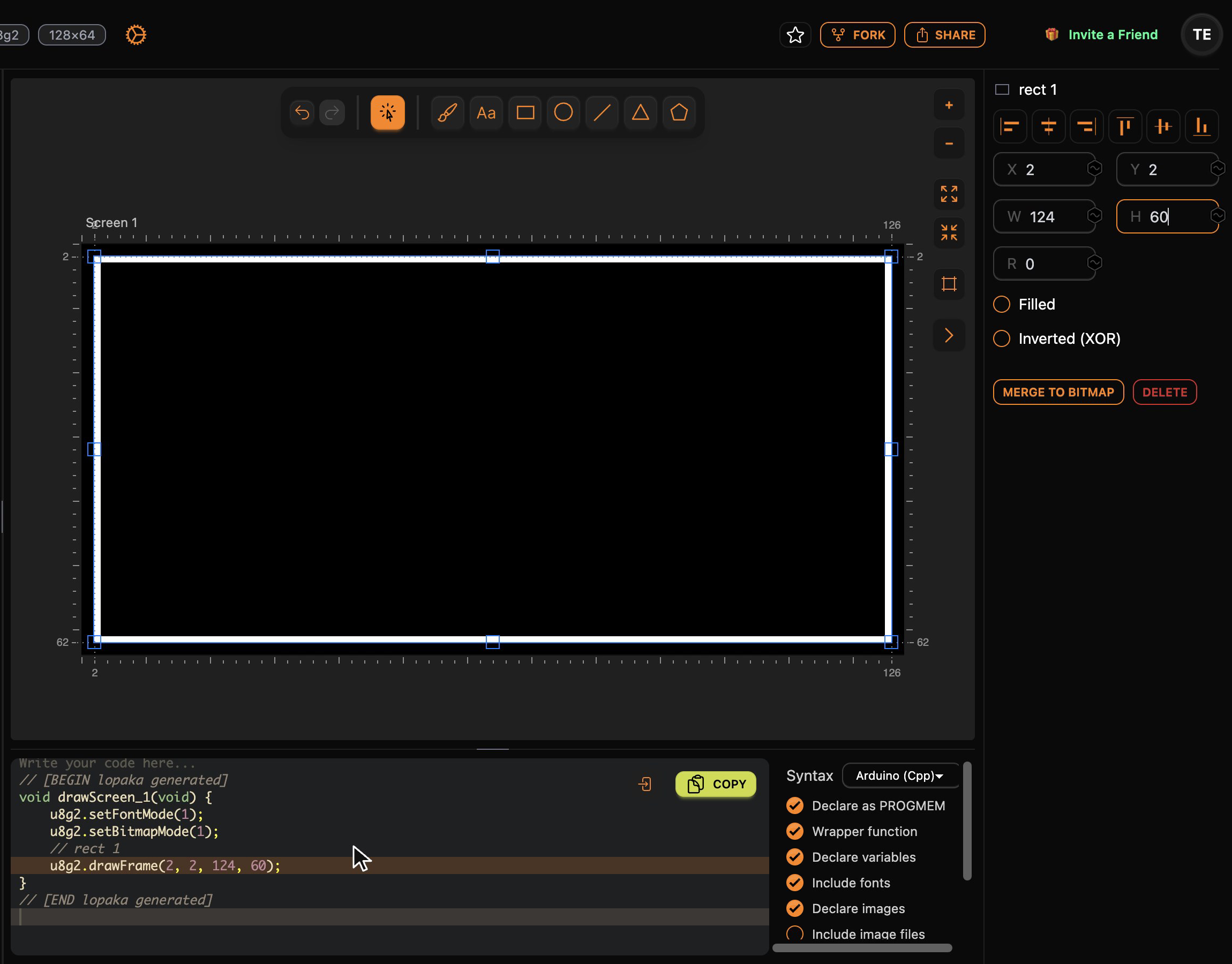 A rectangle selected on the canvas with X 2, Y 2, W 124 and H 60 in the inspector, and the matching drawFrame line highlighted in the code
