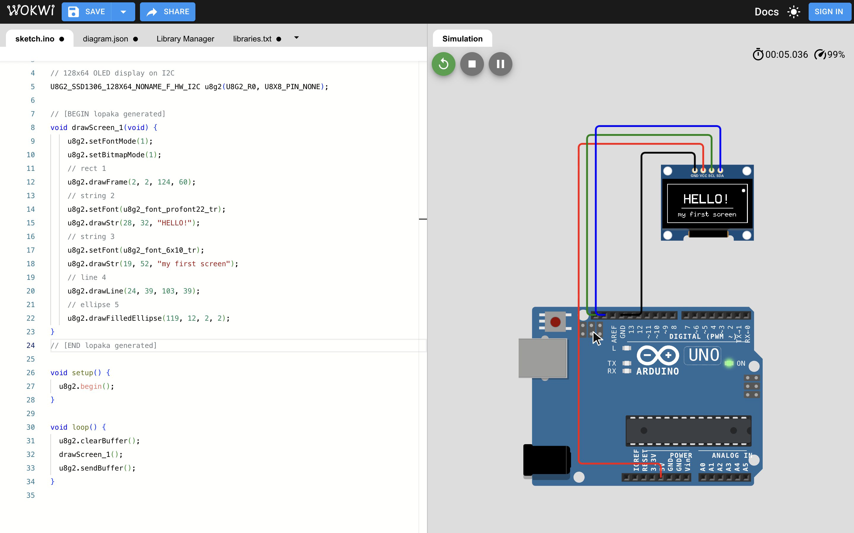 The simulator running the sketch: the simulated OLED connected to an Arduino UNO shows HELLO! and my first screen