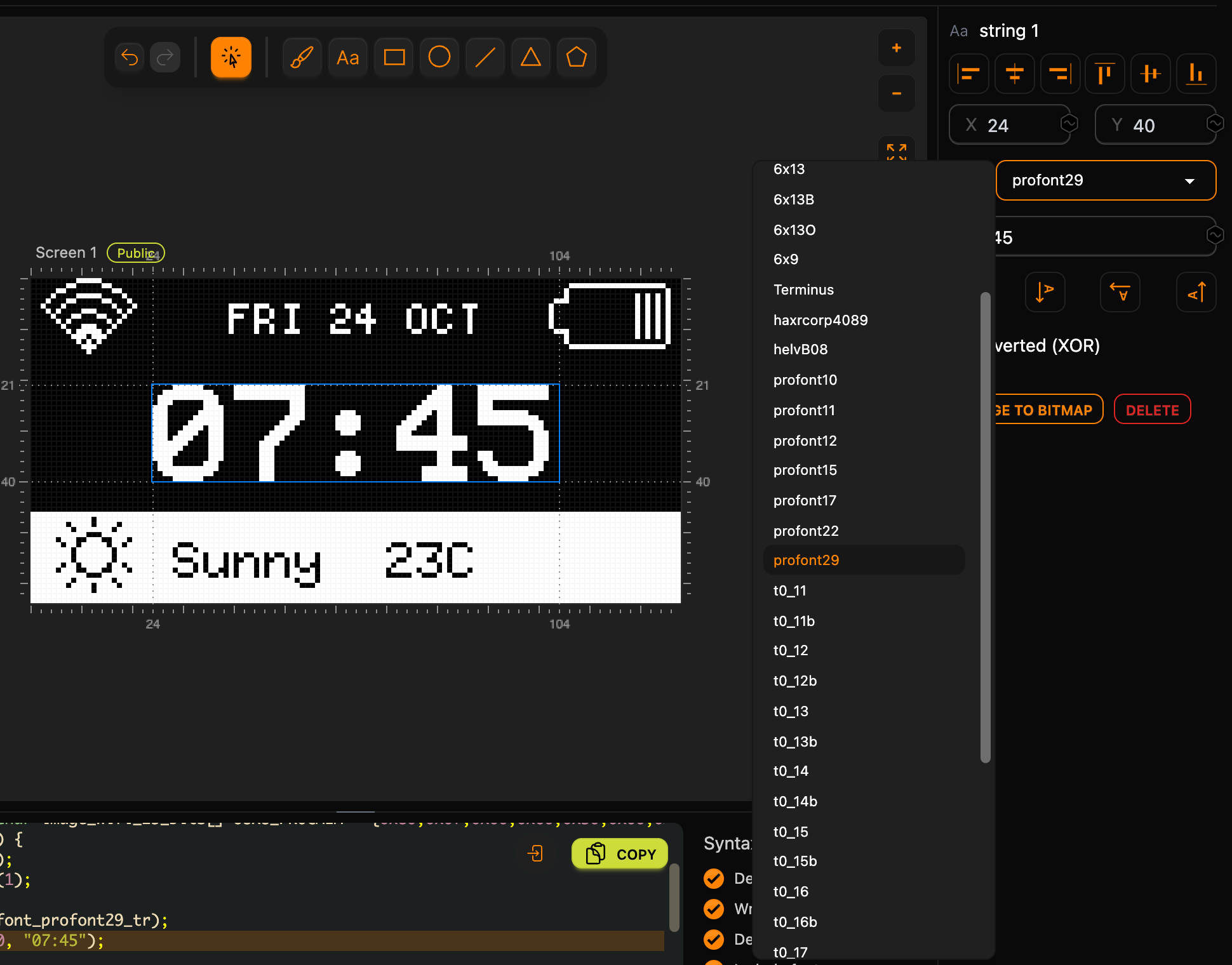 The font list open in the inspector with profont29 selected for the text 07:45, which sits centred on the canvas at X 24 and Y 40