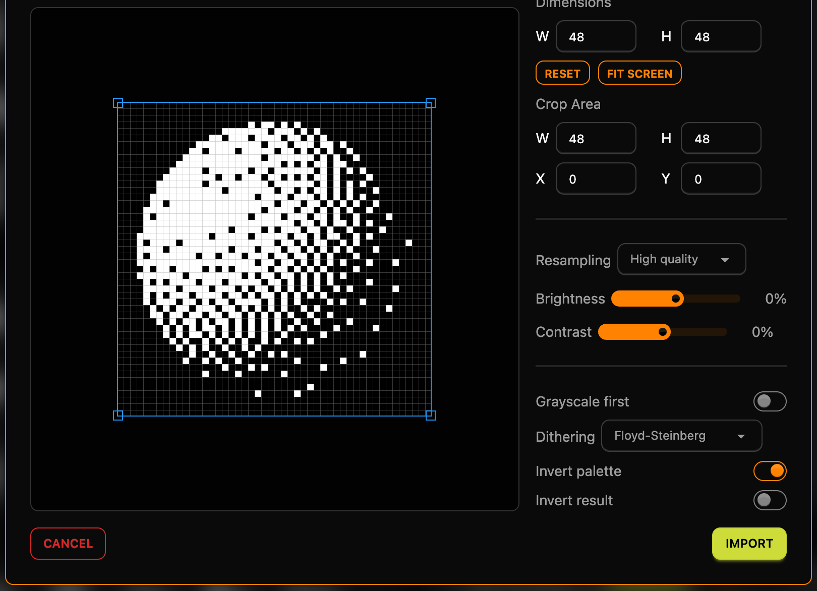 The image import dialog with the moon at 48 by 48 pixels, Floyd-Steinberg dithering and Invert palette on; the preview shows the moon as a pattern of dots