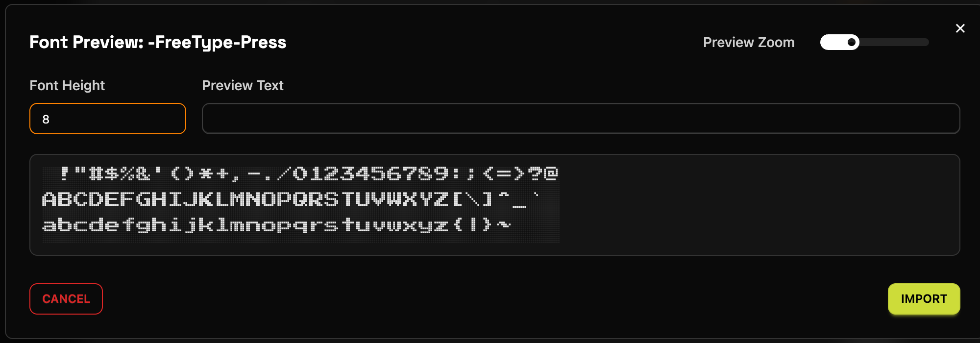 The Font Preview dialog for Press Start 2P with Font Height 8 and all 95 characters in three rows