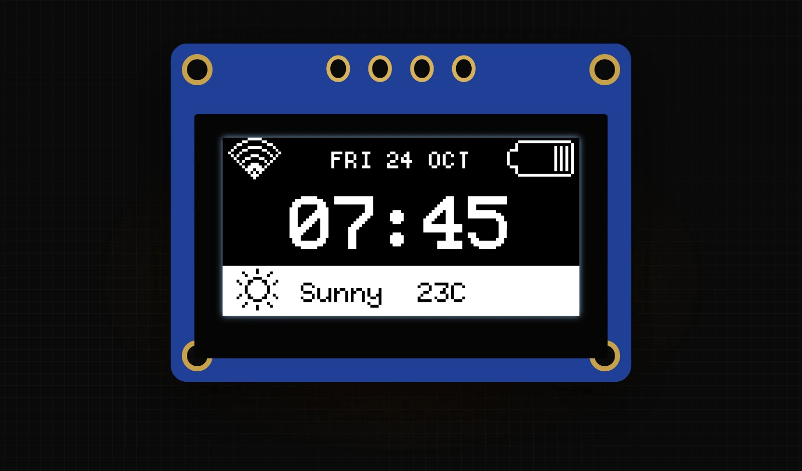 An SSD1306 OLED module showing a morning dashboard with Wi-Fi and battery icons, the date FRI 24 OCT, the time 07:45 and a white status bar with a sun icon and Sunny 23C