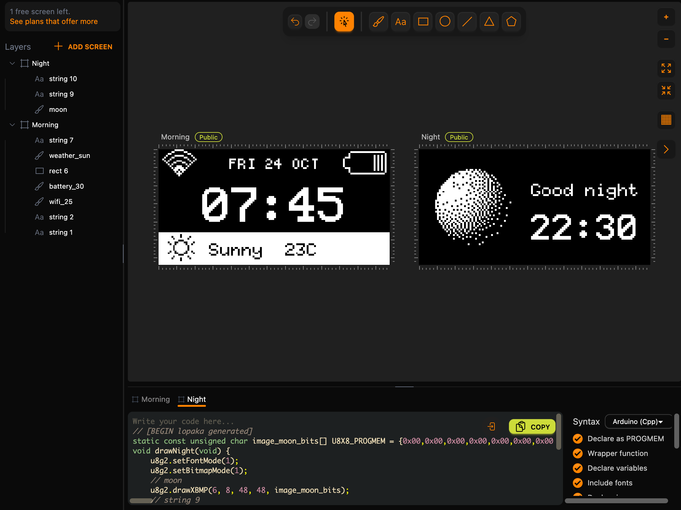 Both screens side by side on the Lopaka canvas: Morning with the time 07:45 and the weather bar, Night with the dithered moon, Good night and 22:30; the code panel has a tab for each screen