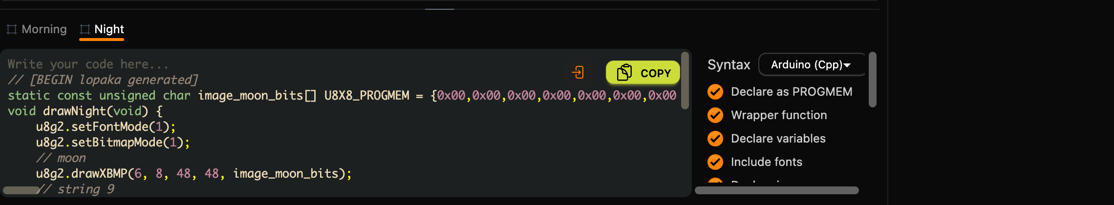 The Night code tab: image_moon_bits is declared with U8X8_PROGMEM and drawn with drawXBMP; the switches next to the code start with Declare as PROGMEM, turned on