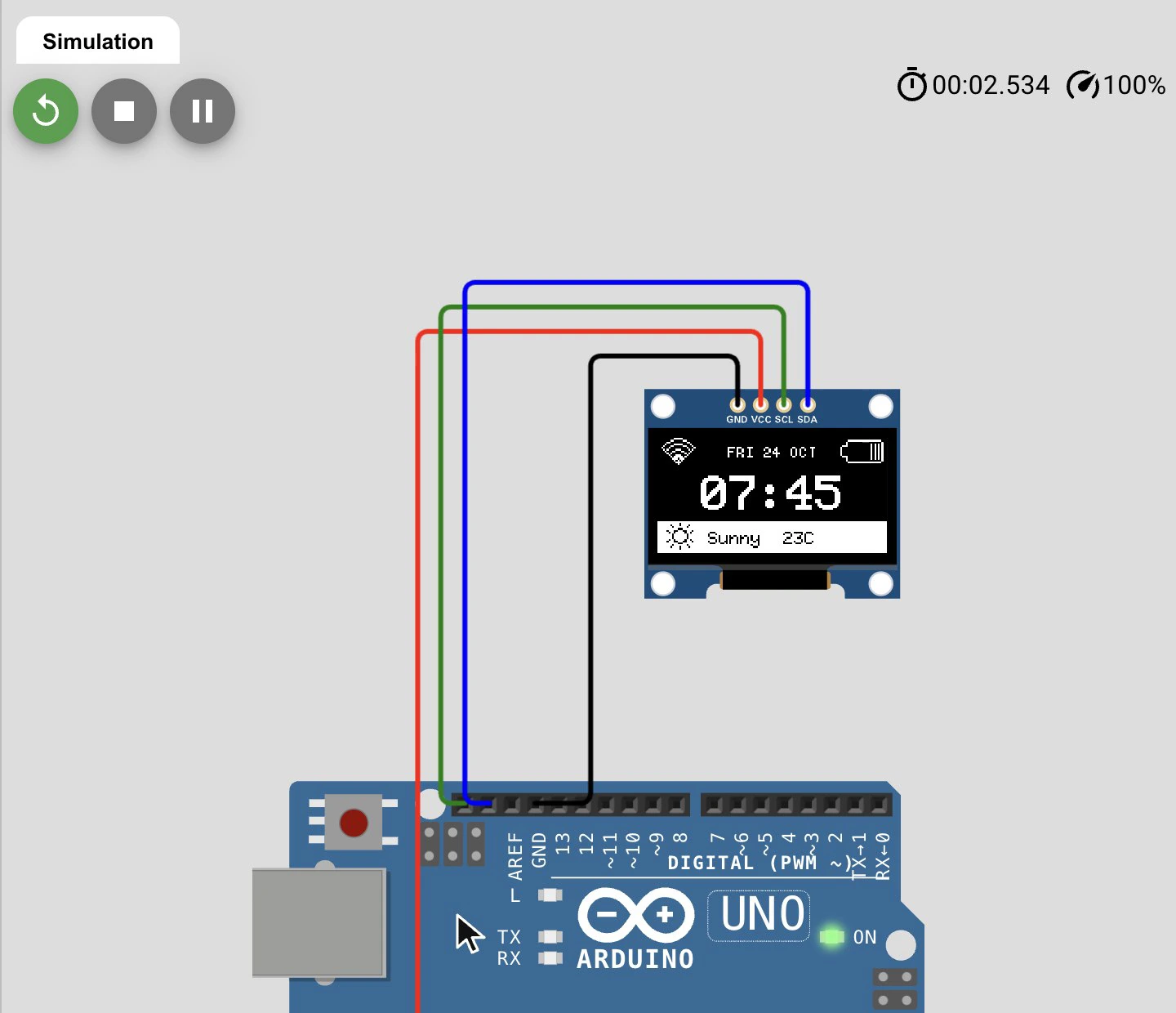 The simulator running the sketch: the simulated OLED connected to an Arduino UNO shows the Morning screen with 07:45 and Sunny 23C