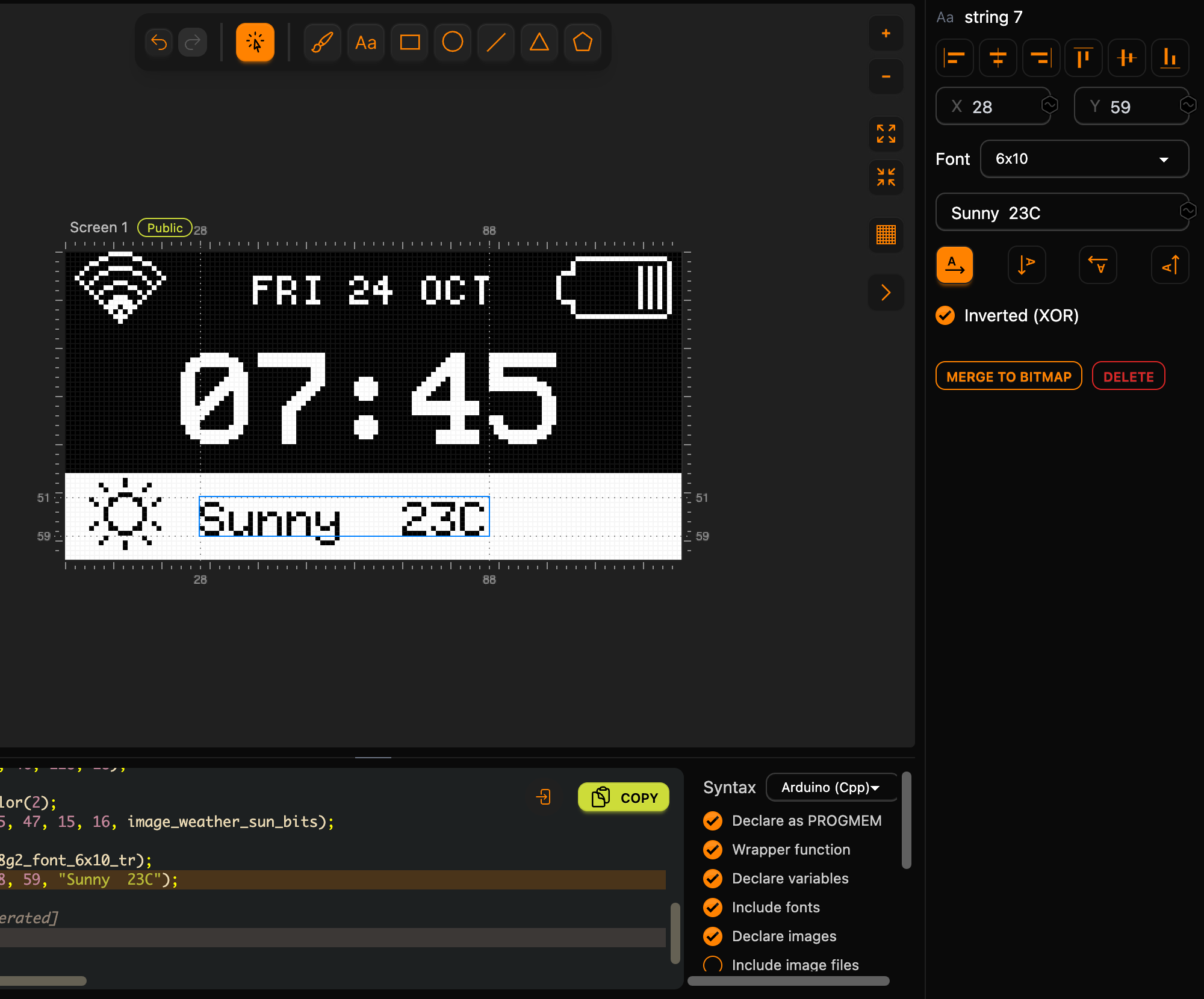 The Morning screen with a white bar along the bottom; the sun and the text Sunny 23C are drawn in black on it, and the inspector shows string 7 with the 6x10 font, X 28, Y 59 and Inverted (XOR) on