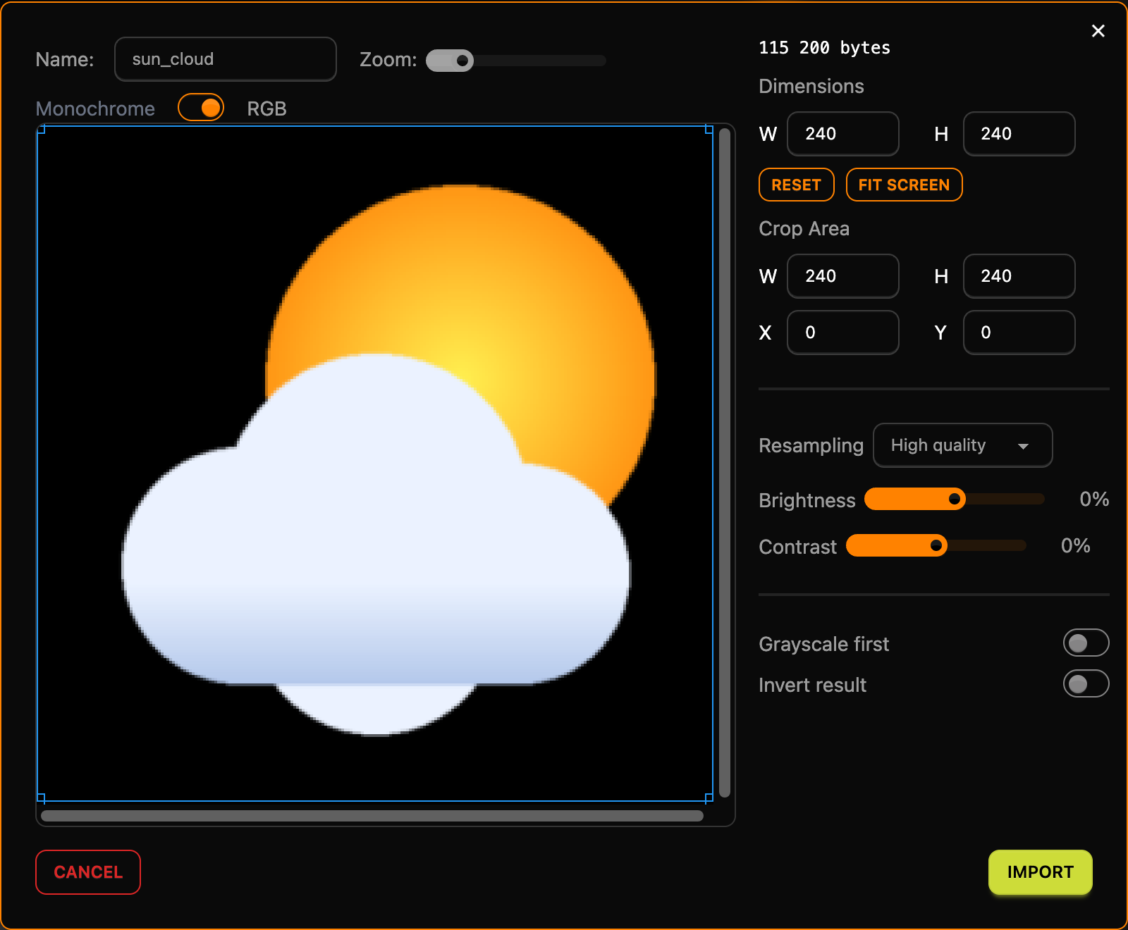 The image import dialog with the sun and cloud picture, the converter switched to RGB and 115 200 bytes at the top, for Dimensions 240 by 240