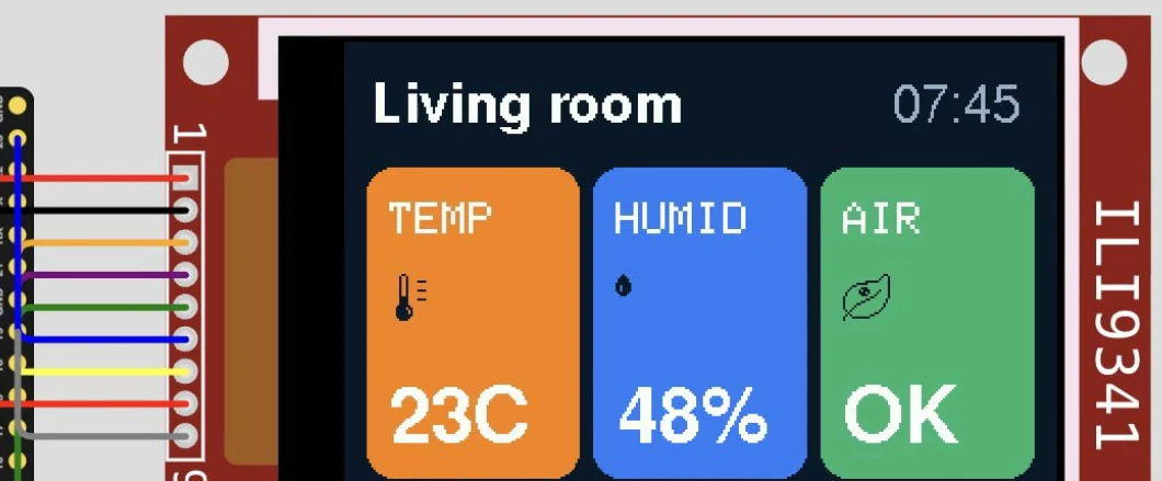 The simulated ESP32 wired to an ILI9341 display showing the Living room dashboard with the TEMP, HUMID and AIR cards