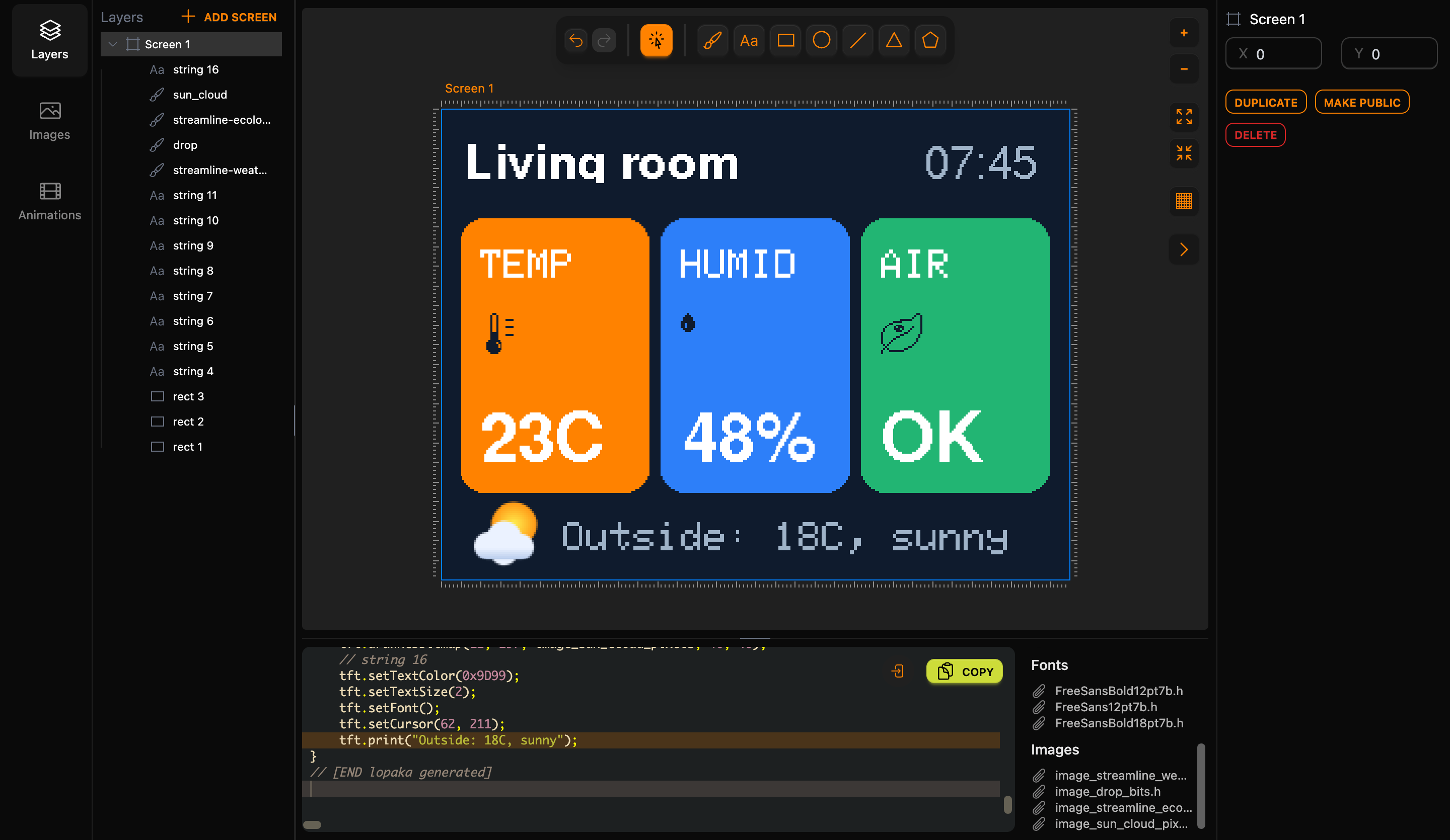 The finished dashboard in the editor; under the code switches, the Fonts list shows FreeSansBold12pt7b.h, FreeSans12pt7b.h and FreeSansBold18pt7b.h, and the Images list shows the four image files