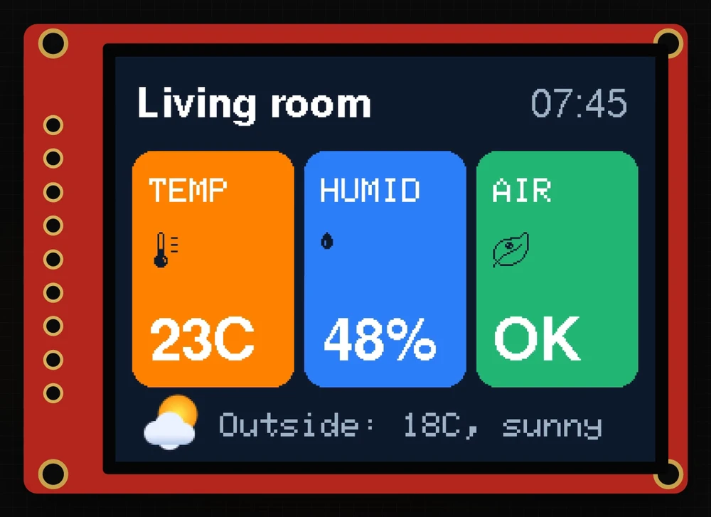A 320×240 colour TFT module showing a Living room dashboard at 07:45 with orange, blue and green cards for TEMP 23C, HUMID 48% and AIR OK, and a sun and cloud picture next to Outside 18C, sunny