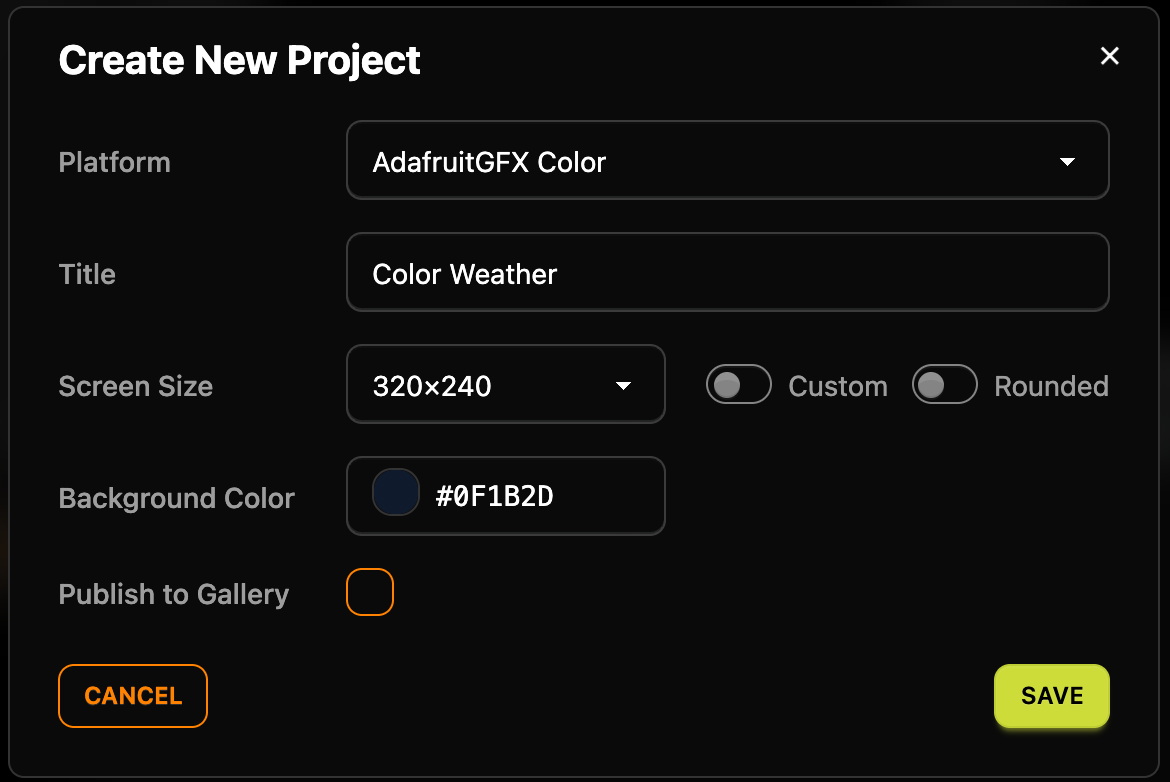 The Create New Project dialog with Platform AdafruitGFX Color, the title Color Weather, Screen Size 320×240 and Background Color #0F1B2D
