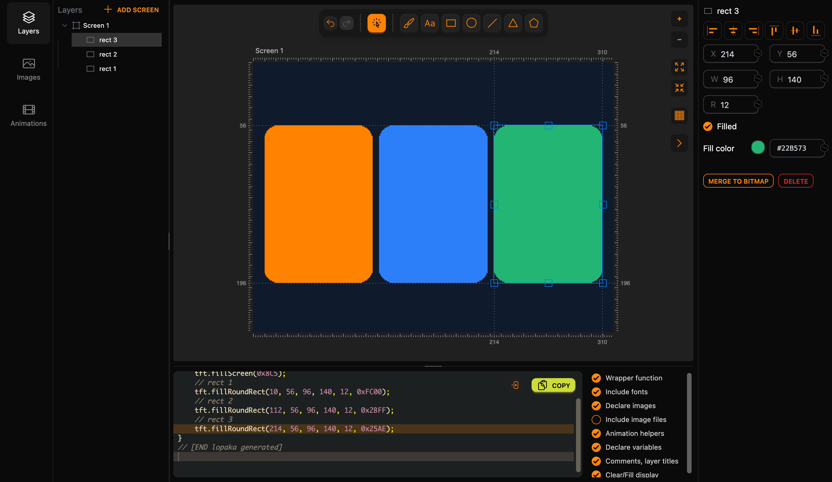Three rounded cards, orange, blue and green, on the dark blue screen; the inspector shows the green card at X 214, Y 56, W 96, H 140, R 12, Filled and Fill color #22B573, and the code has three fillRoundRect lines