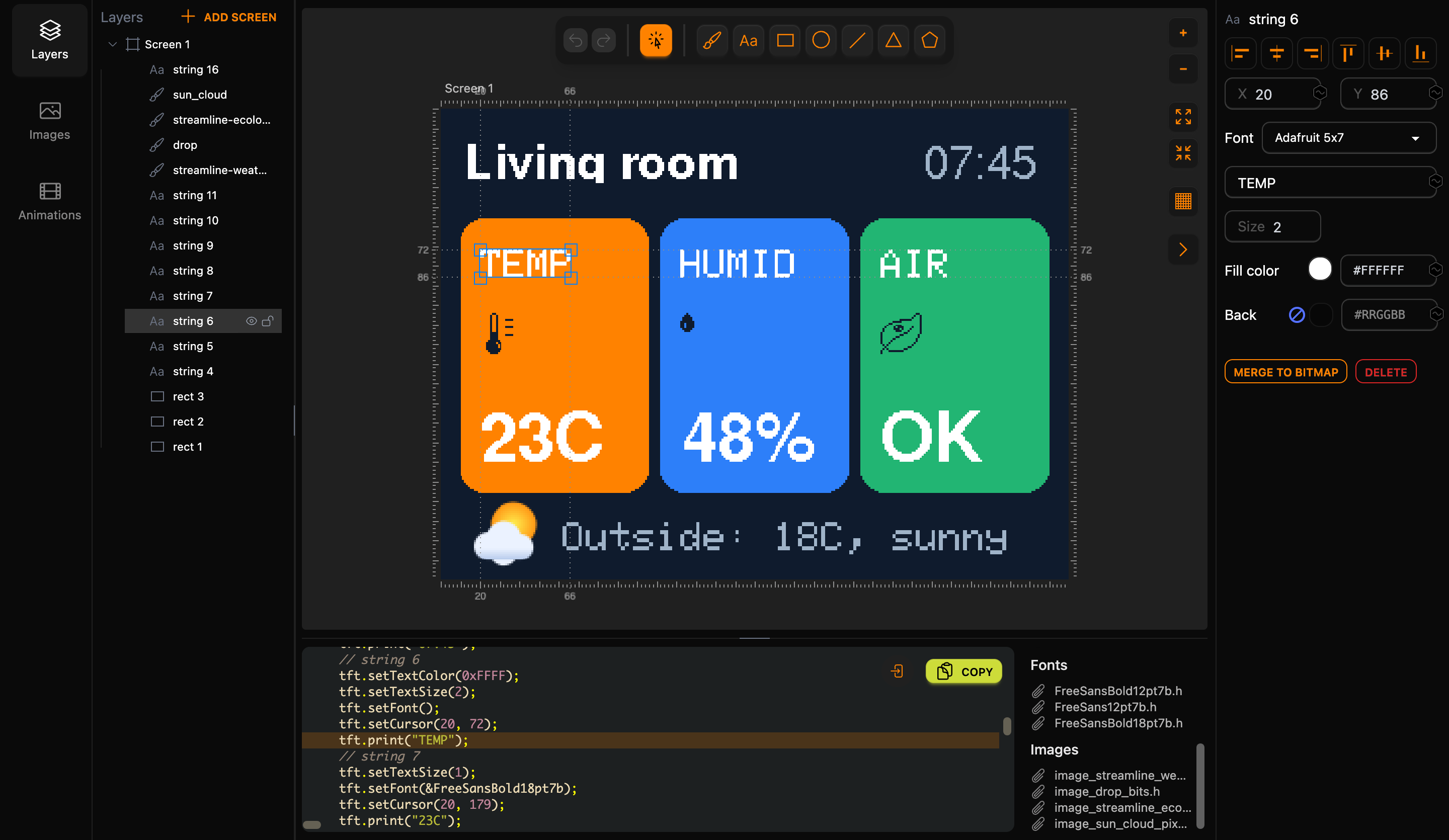 The TEMP label selected: Adafruit 5x7 font, Size 2, X 20 and Y 86 in the inspector; the code reads setTextSize(2), setFont() and setCursor(20, 72)