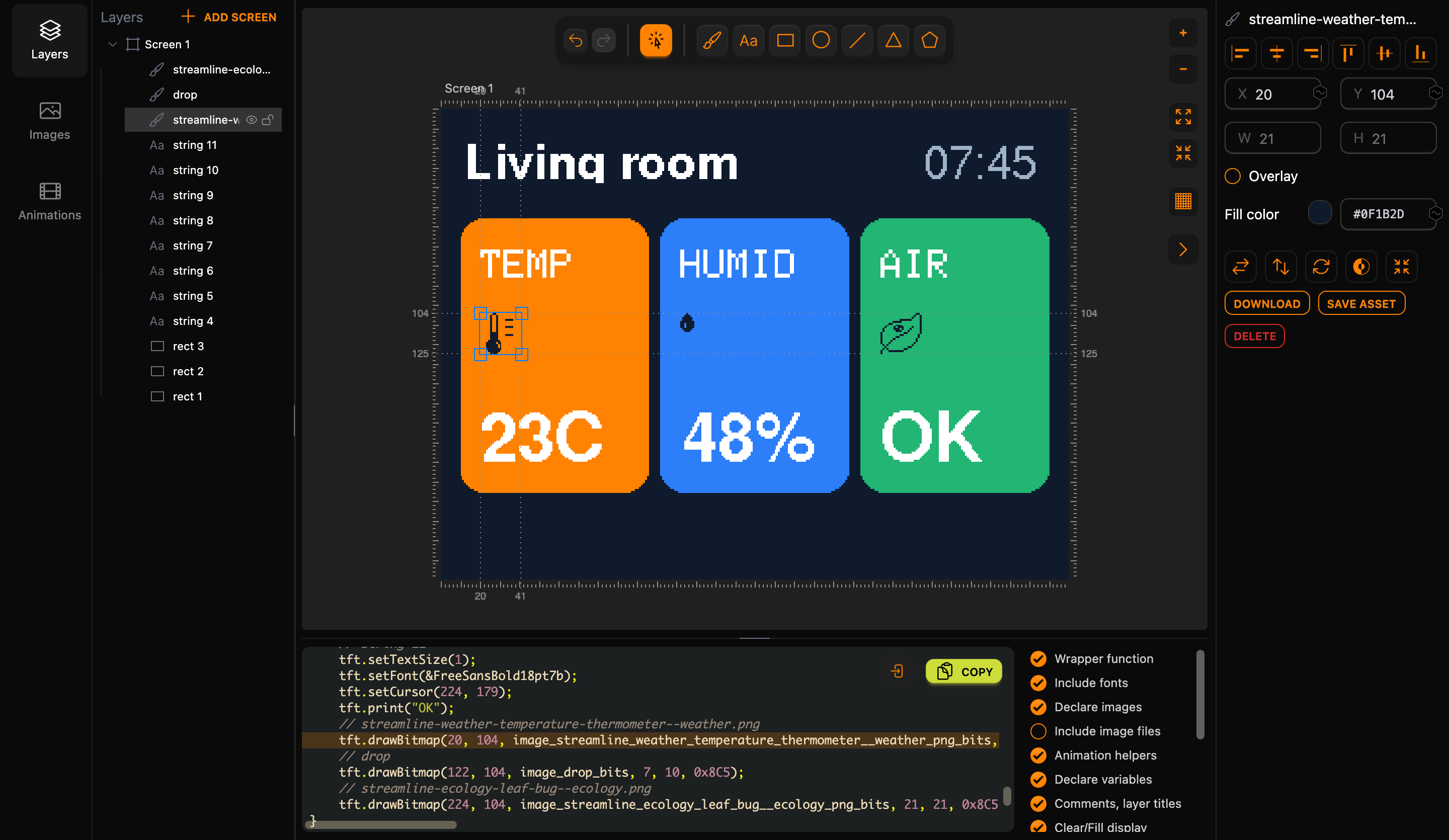 The thermometer icon selected under the TEMP label, with Fill color #0F1B2D in the inspector; all three icons are dark blue on the orange, blue and green cards