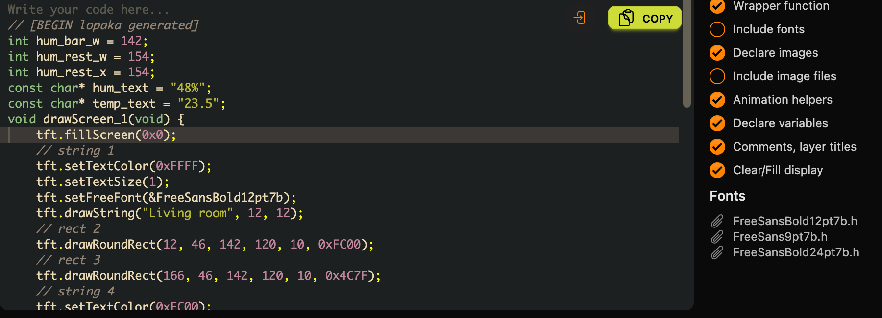 The code panel with Clear/Fill display switched on: the draw function starts with tft.fillScreen(0x0); Include fonts is off