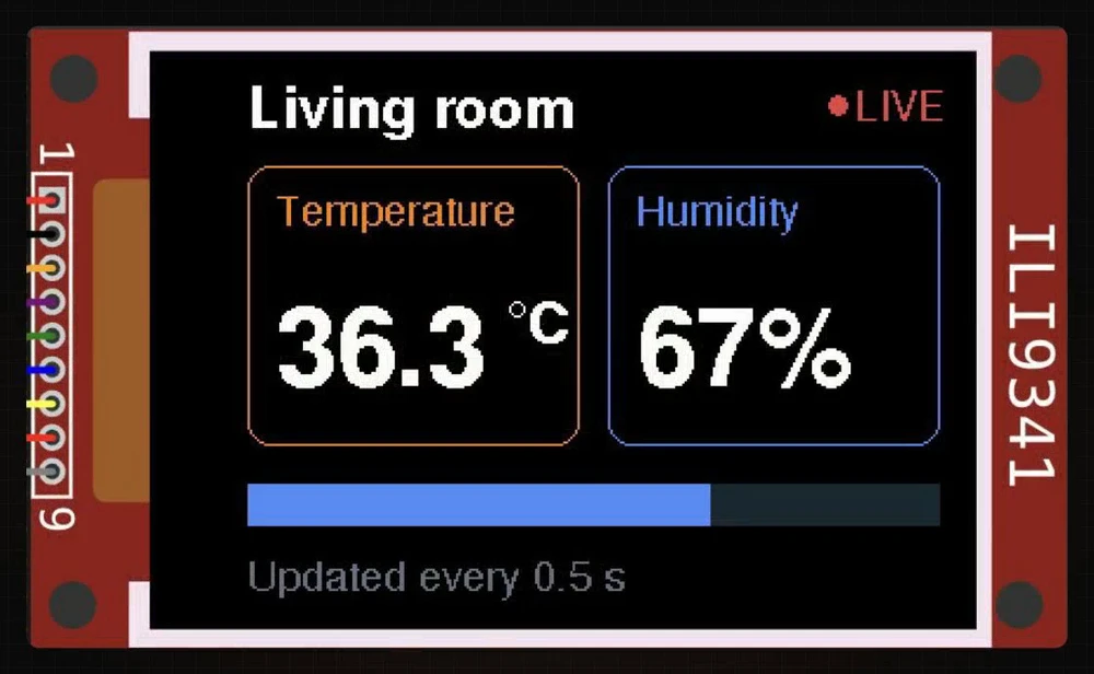 A 320×240 ILI9341 display showing a Living room dashboard with a red LIVE dot, Temperature 36.3 °C, Humidity 67%, a blue humidity bar and the caption Updated every 0.5 s