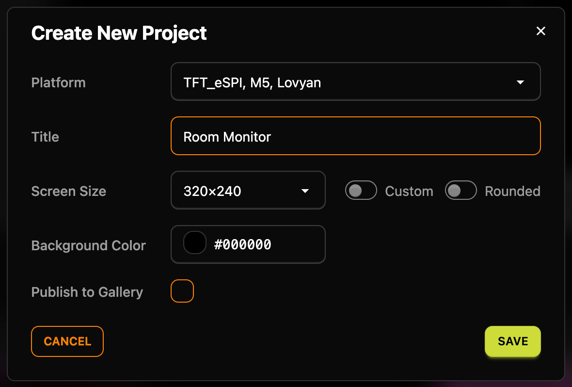The Create New Project dialog with Platform TFT_eSPI, M5, Lovyan, the title Room Monitor, Screen Size 320×240 and Background Color #000000