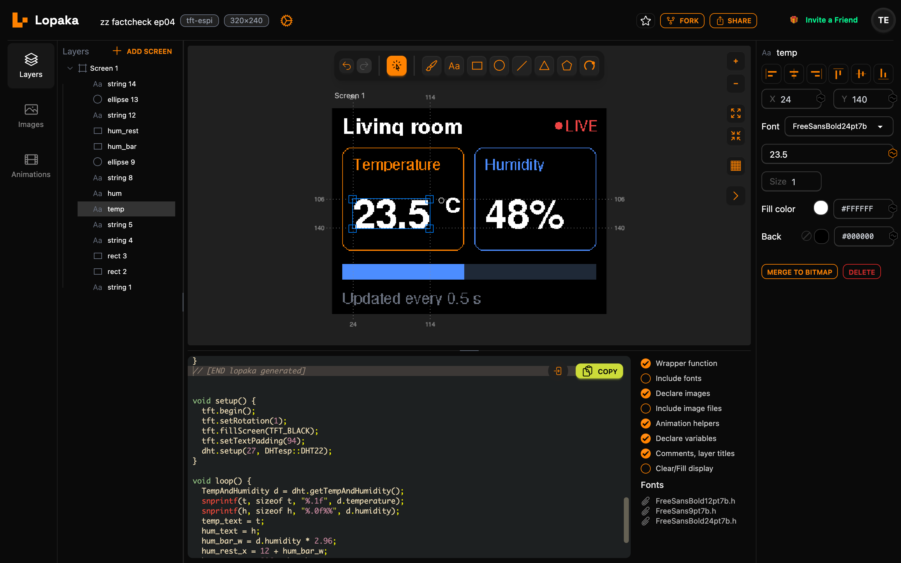 The code panel after the END lopaka generated marker: void setup() with tft.begin, setRotation, fillScreen, setTextPadding(94) and dht.setup, then void loop() reading the sensor; Include fonts and Clear/Fill display are off