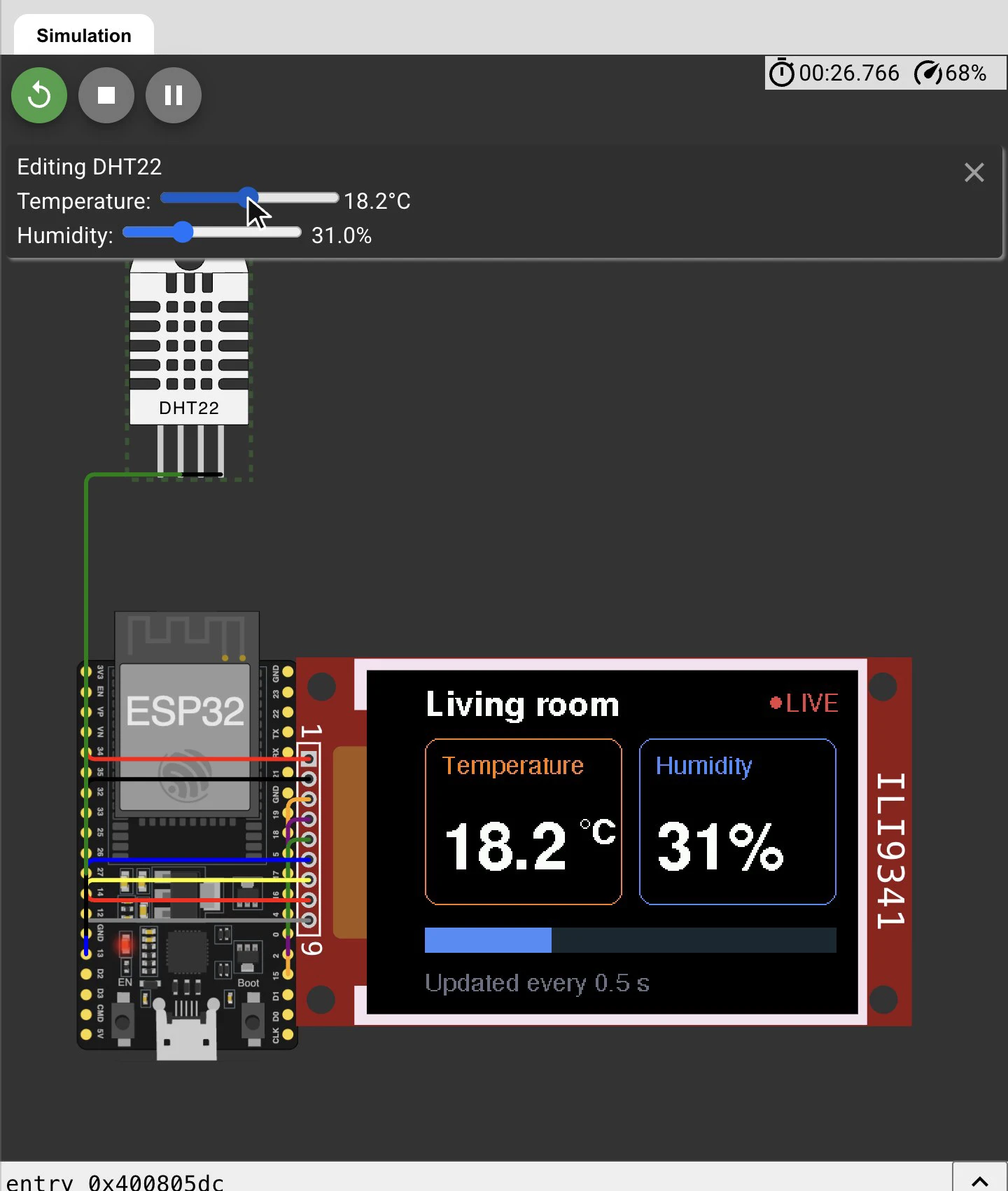 The simulator running the sketch: the DHT22 sliders are set to 18.2 °C and 31.0%, and the ILI9341 next to the ESP32 shows Temperature 18.2 °C and Humidity 31% with a short blue bar