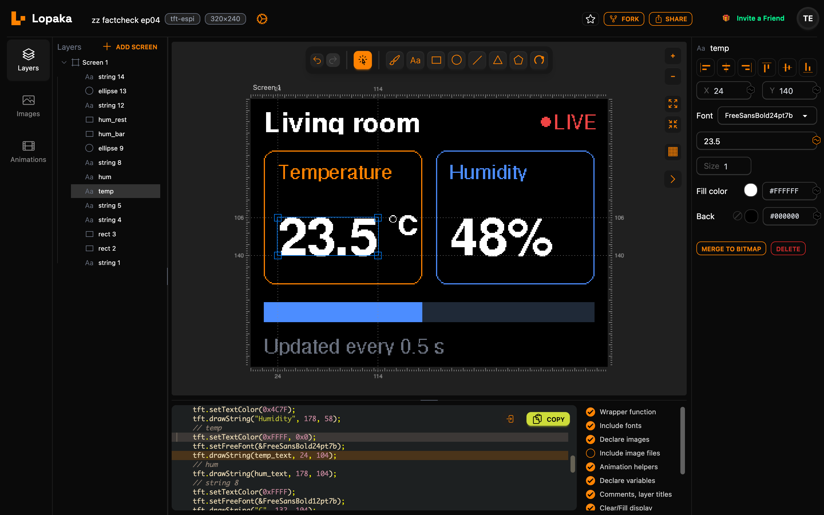 The temp layer with Back set to #000000 in the inspector; the code shows tft.setTextColor(0xFFFF, 0x0) before drawString(temp_text, 24, 104)