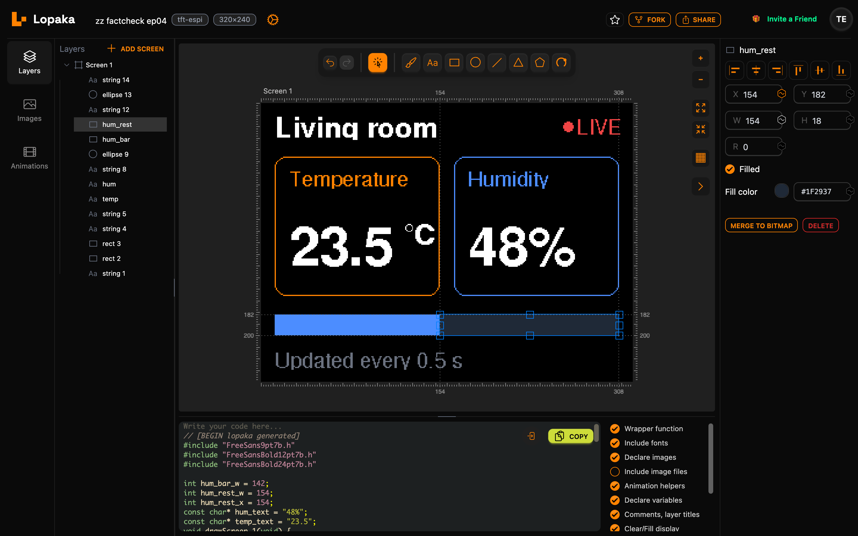 The hum_rest layer selected with variable buttons on for X and W; the code starts with int hum_bar_w = 142, int hum_rest_w = 154, int hum_rest_x = 154 and the two text variables