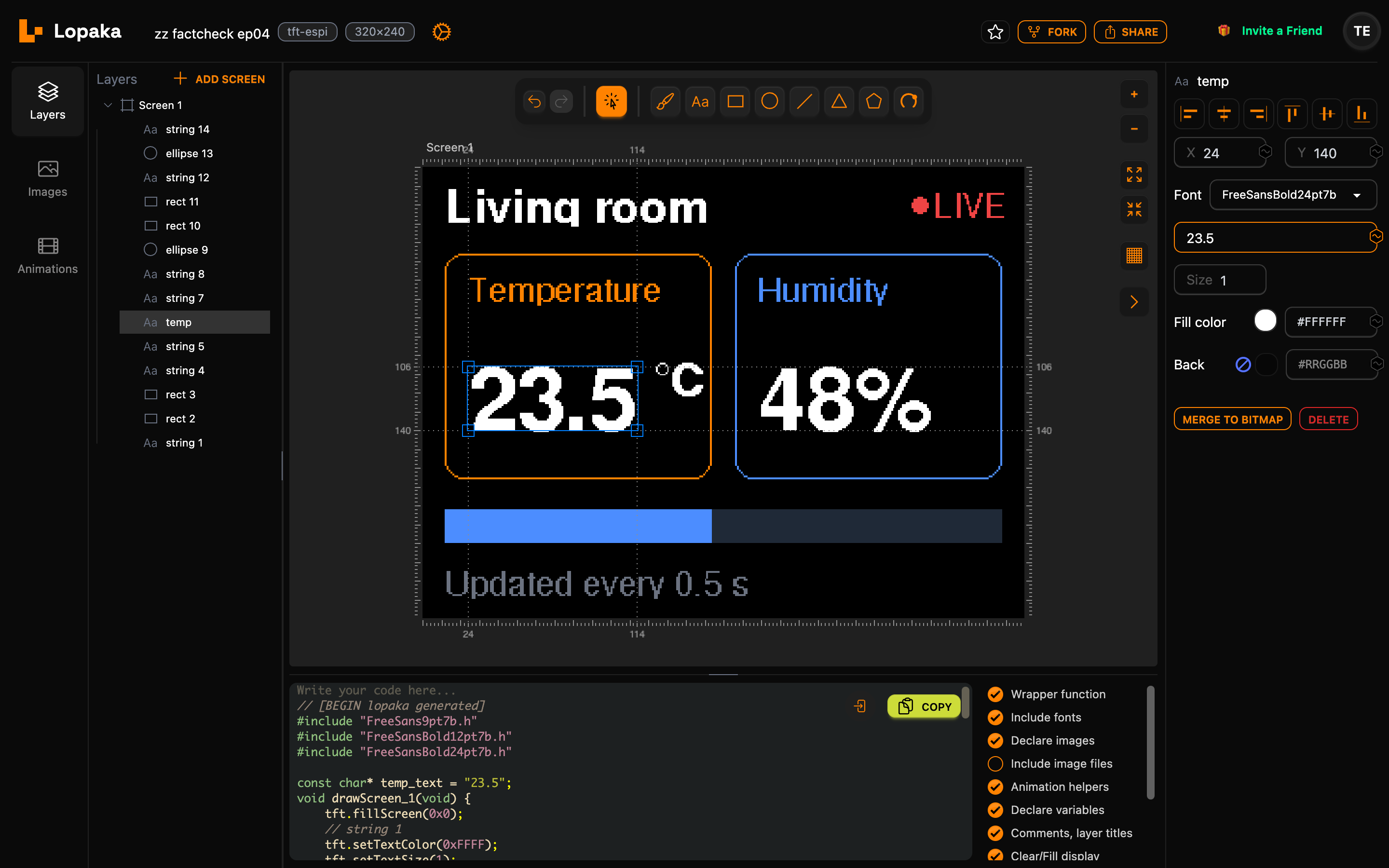 The temp layer selected with the variable button next to its text field turned on; the code starts with const char* temp_text = "23.5"