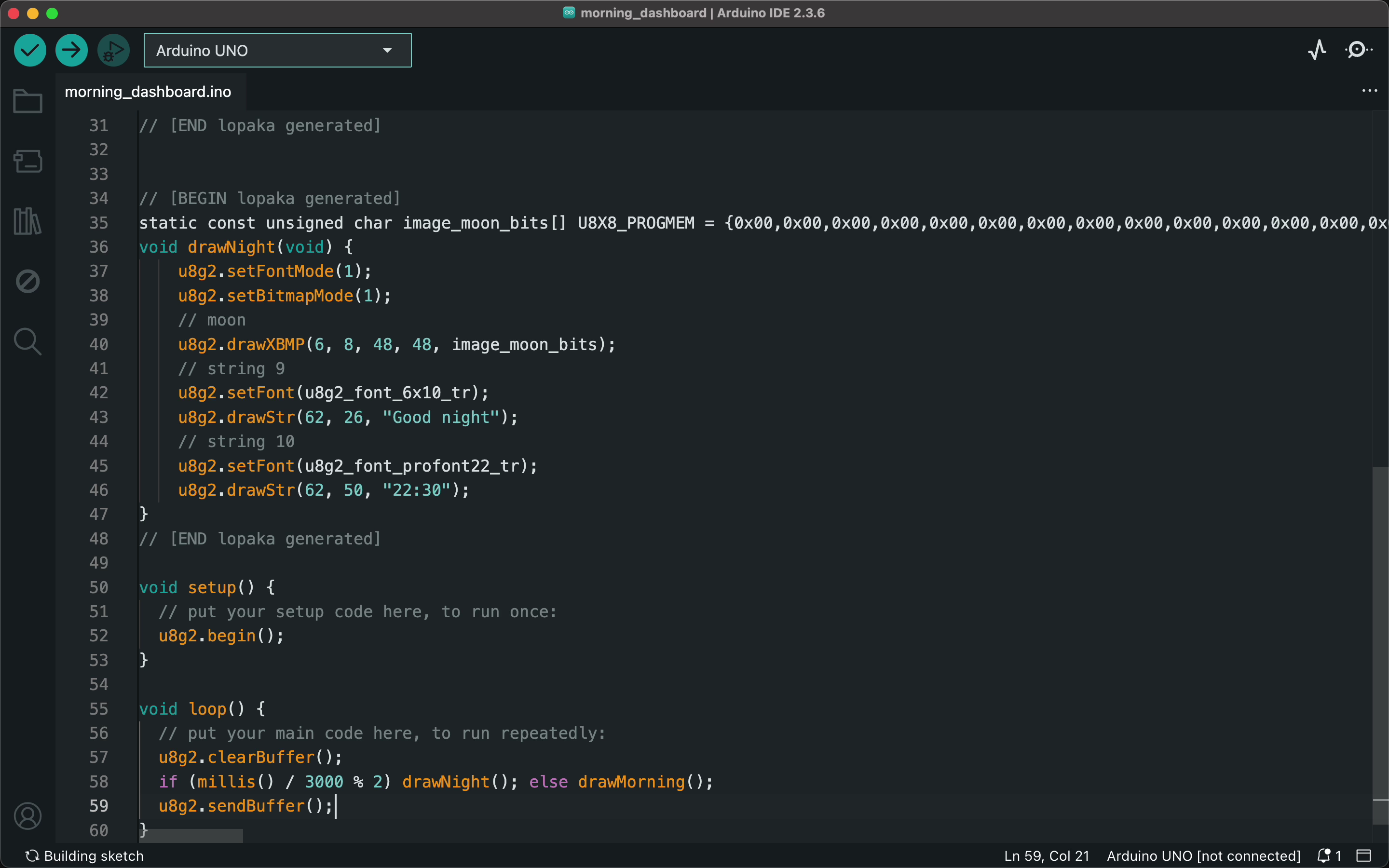The IDE with the finished sketch: the end of drawNight, then setup with u8g2.begin() and loop with clearBuffer, the millis line and sendBuffer