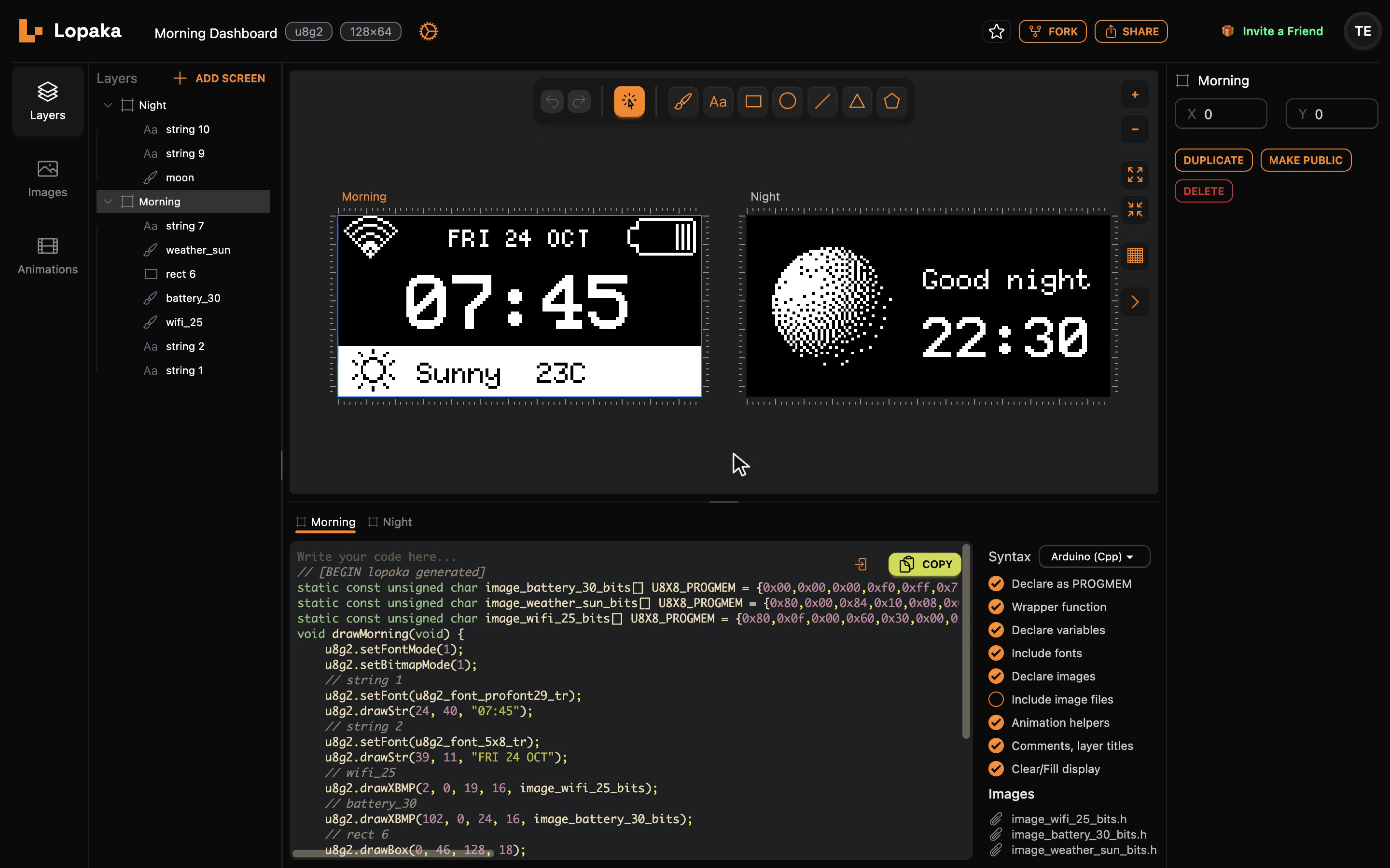 The Morning Dashboard in Lopaka with the Morning and Night screens on the canvas; the code panel shows the Morning tab with the drawMorning function, the Copy button, and Declare as PROGMEM turned on