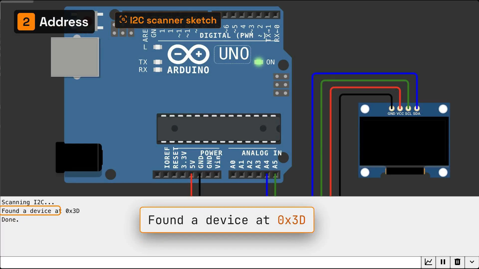 Reason 2, address: the I2C scanner sketch running, with Found a device at 0x3D in the Serial Monitor