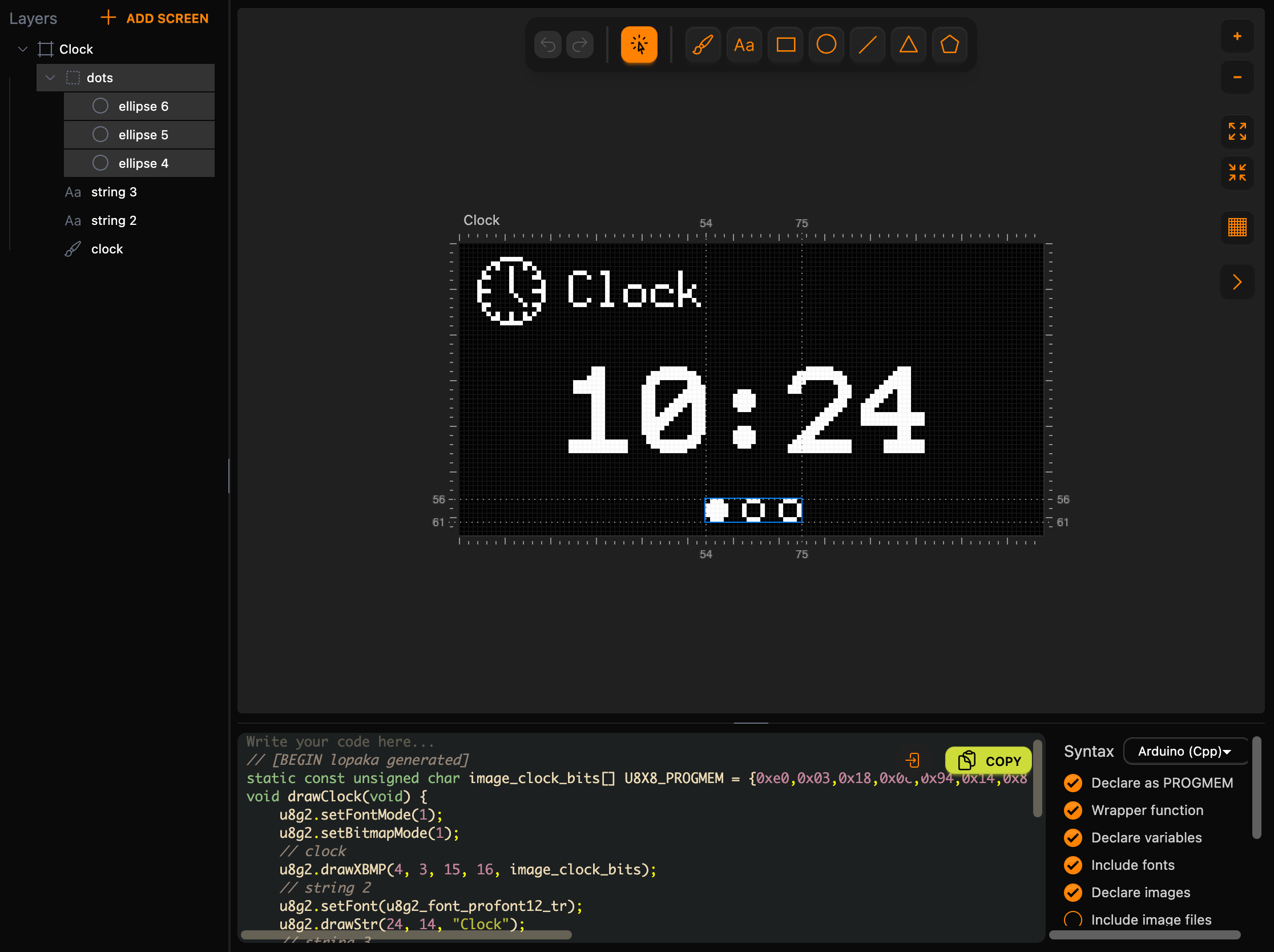 The Clock page in Lopaka: a clock icon, the title Clock, 10:24 in a large font and three dots, the first one filled; the Layers panel shows the dots group with ellipse 4, 5 and 6, and the code starts with void drawClock(void)