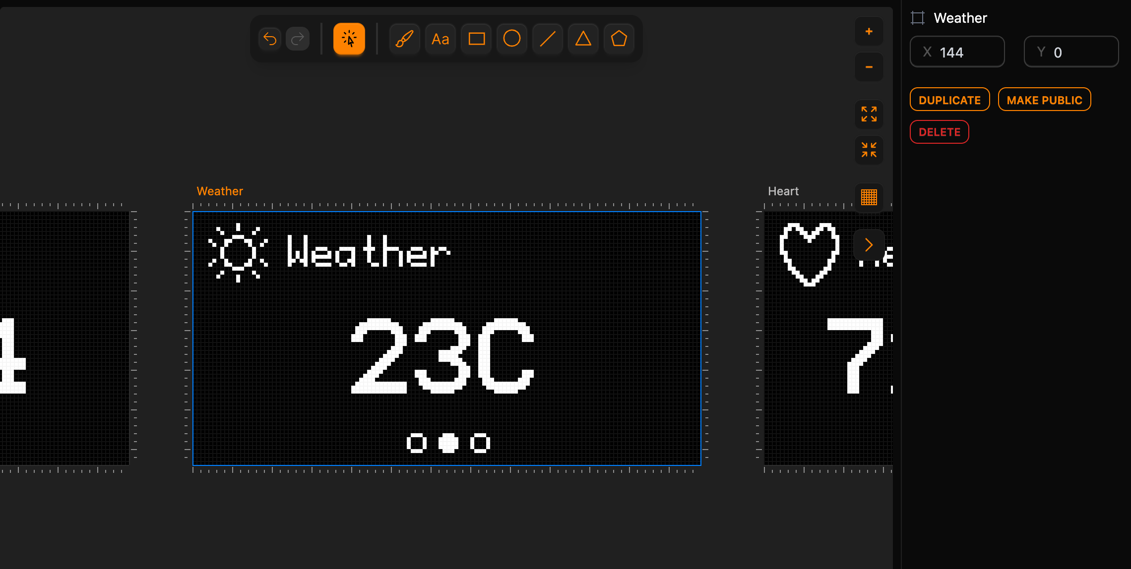 The Weather screen selected in Lopaka: the sun icon, the title Weather, 23C and the second dot filled; the inspector shows the screen at X 144, Y 0 with the Duplicate button
