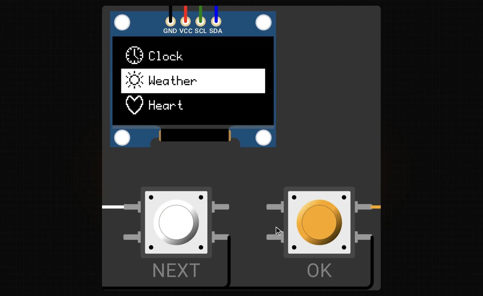 A simulated SSD1306 OLED module showing a menu with the rows Clock, Weather and Heart, the Weather row highlighted, above two buttons labelled NEXT and OK