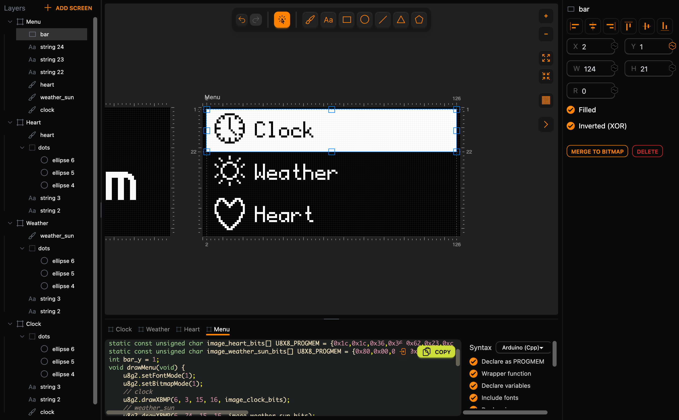 The Menu screen in Lopaka: the bar layer selected, X 2, Y 1, W 124, H 21, Filled and Inverted (XOR) on and the variable button on Y lit; the first row Clock is black on the white bar, and the code shows int bar_y = 1