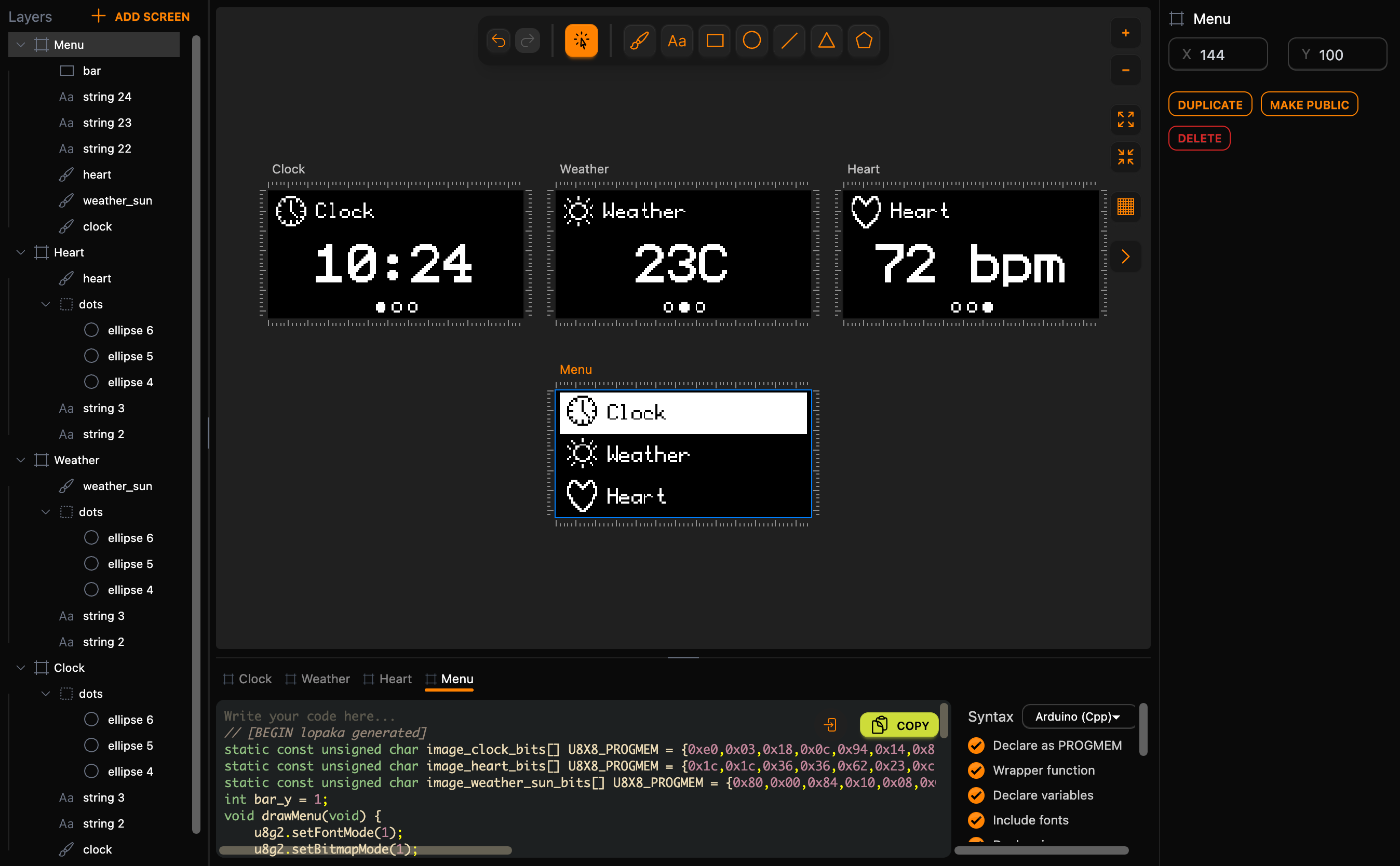 All four screens on the Lopaka canvas: Clock, Weather and Heart in a row, Menu under Weather at X 144, Y 100; the code panel has the tabs Clock, Weather, Heart and Menu